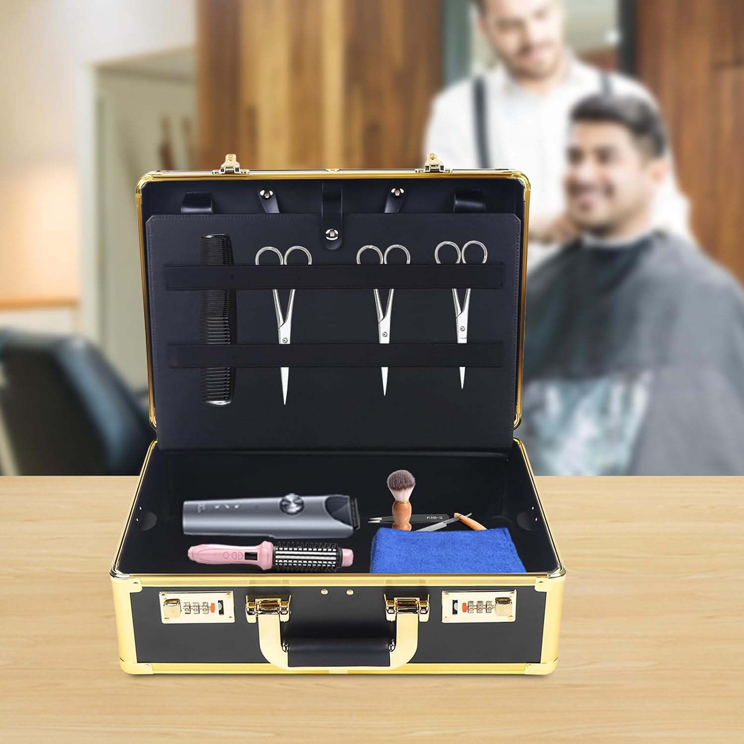 Portable Barber Case, Profesional Barber Suitcase with Code Lock, Large Capacity Barber Travel Case Briefcase Barber Box for Scissors, Trimmers, Combs, Brushes (Gold)