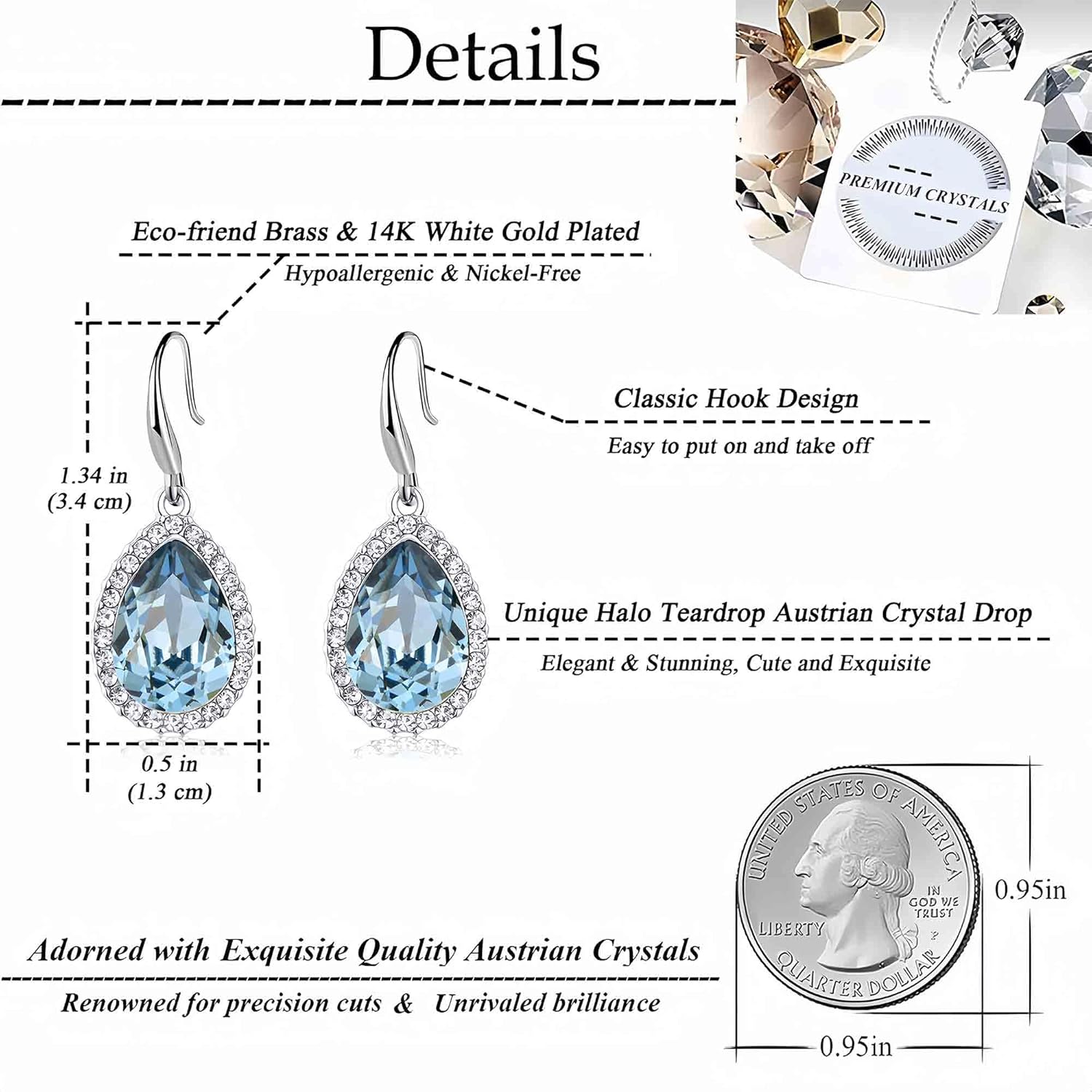 Austrian Crystal Teardrop Dangle Drop Earrings for Women Dangling 14K Gold Plated Hypoallergenic Jewelry - Image 4