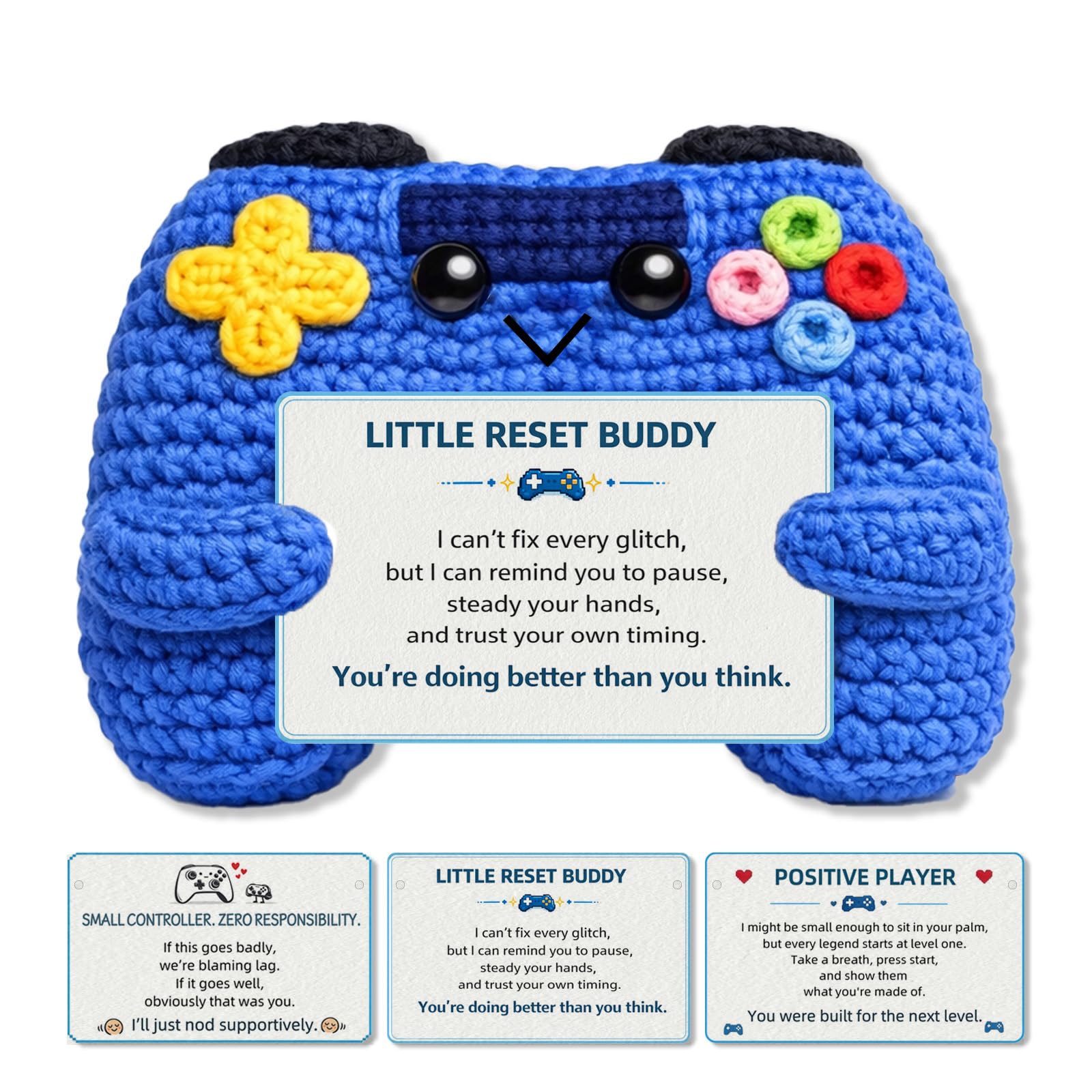 Aikobaa Blue Game Controller Plush – Handmade Crochet Gaming Buddy With 3 Inspirational Message Cards – Motivational Gift For Gamers, Teens & Adults – Cute Desk Decor For Video Game Lovers