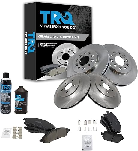 TRQ Kit de pastillas de freno delanteras y traseras y rotores Kit de productos químicos de freno, pastillas de freno de cerámica compatible con Ford