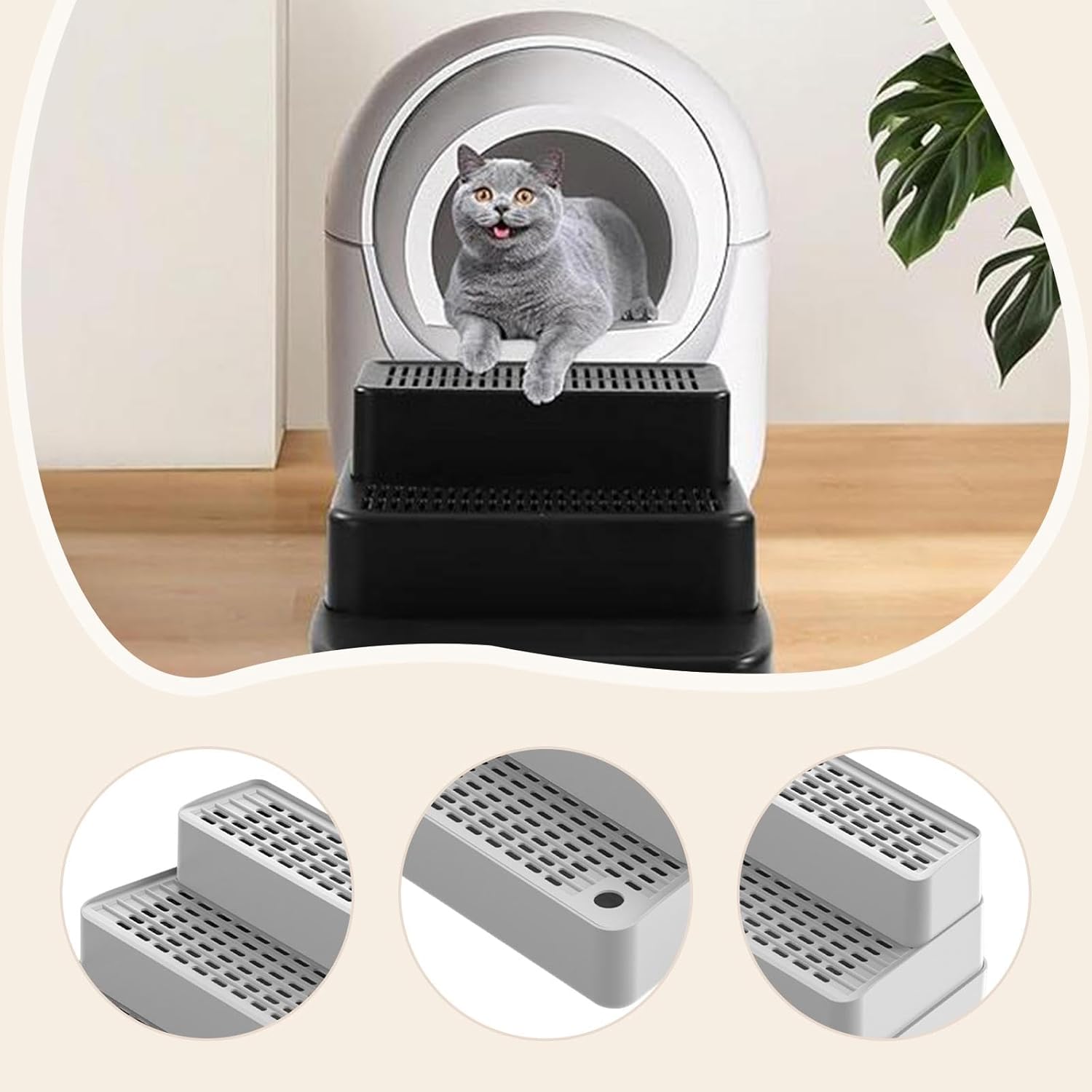 Ramp for Automatic Cat Footboard Removable with Non Slip Feet Waterproof Cat Litter Stair 3 Steps for Small Cats, Light Gray