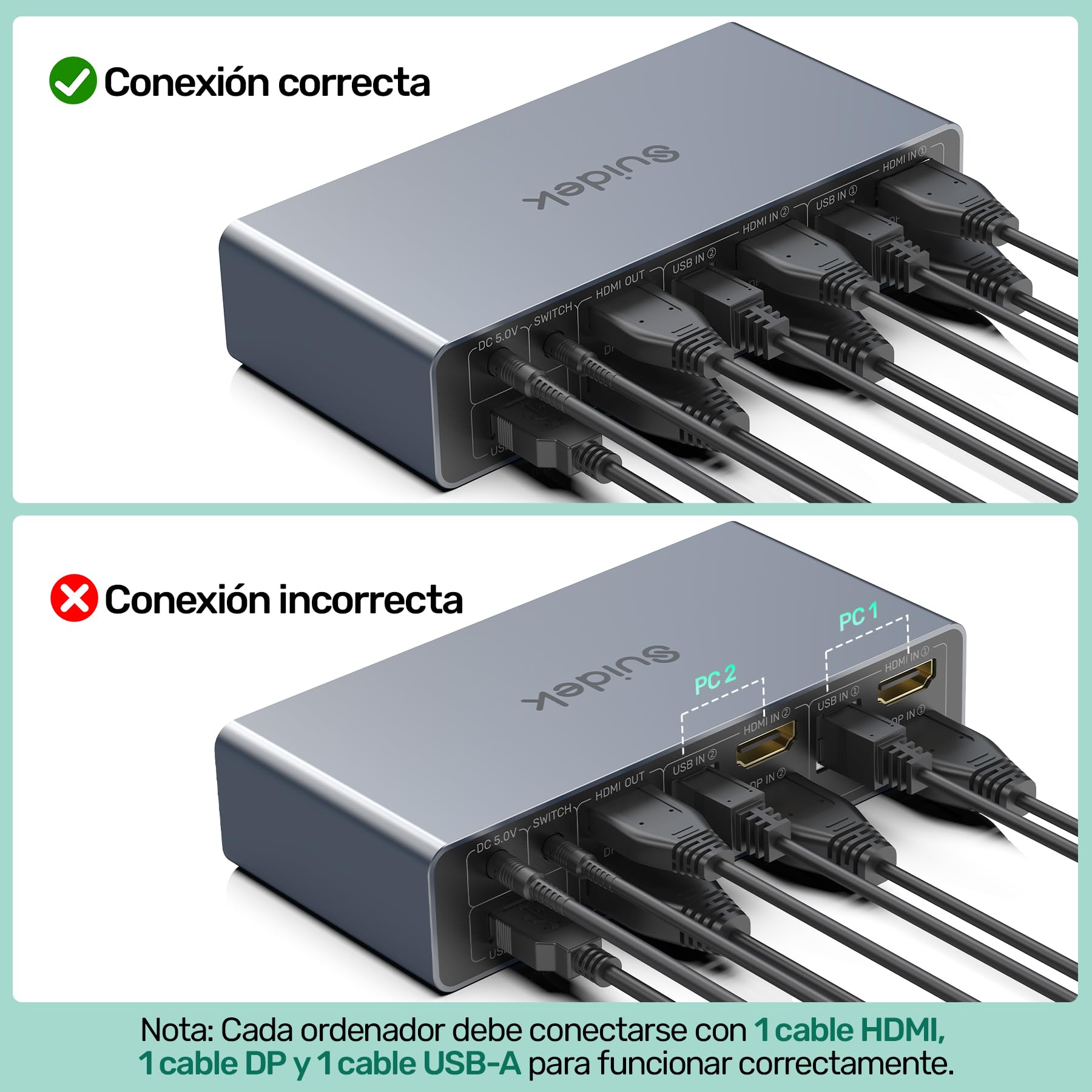 SUIDEK HDMI Displayport KVM Switch, 2 Computadoras 2 Monitores 4K@60Hz KVM Switcher Monitor Dual para 2 PC, 3 Puertos USB 3.0 Soporta Modo Extendido/Espejo con Controlador de Escritorio y 2 Cables USB