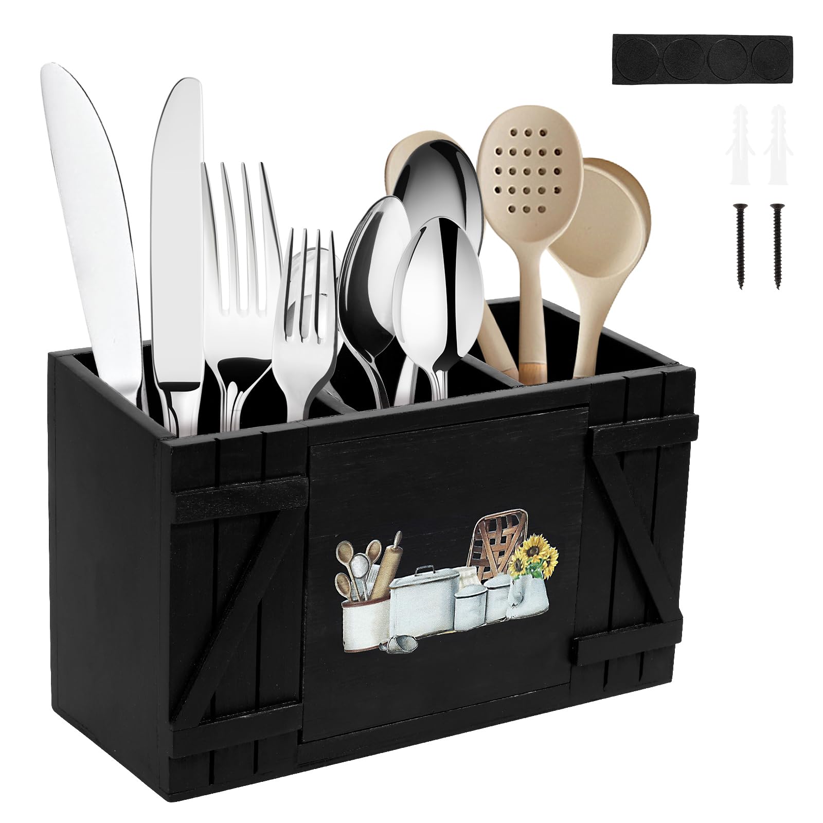 NIHUIFDPY Kitchen Utensils Holder, Kitchen Cooking Utensil Organizer with 3 Compartment and Drainage Bottom, Farmhouse Utensil Caddy, Large Capacity Flatware Organizer for Countertop Decor(Black)