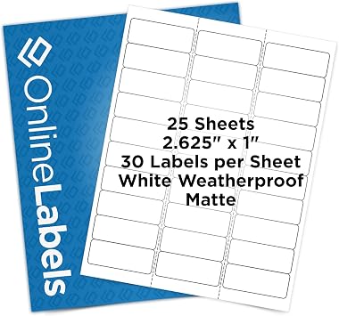 OnlineLabels 2.625" x 1" Rectangle Labels - Permanent, Weatherproof White Matte - for Product Labeling, Packaging, and Shipping - 25 Sheets - 750 Labels - Inkjet Only