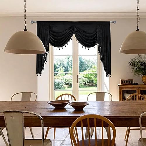 Miniatura 9 de JADE POKE Cenefas de cascada de terciopelo para sala de estar, cenefas negras con dobladillo para barra, cenefa con borlas opacas para dormitorio,