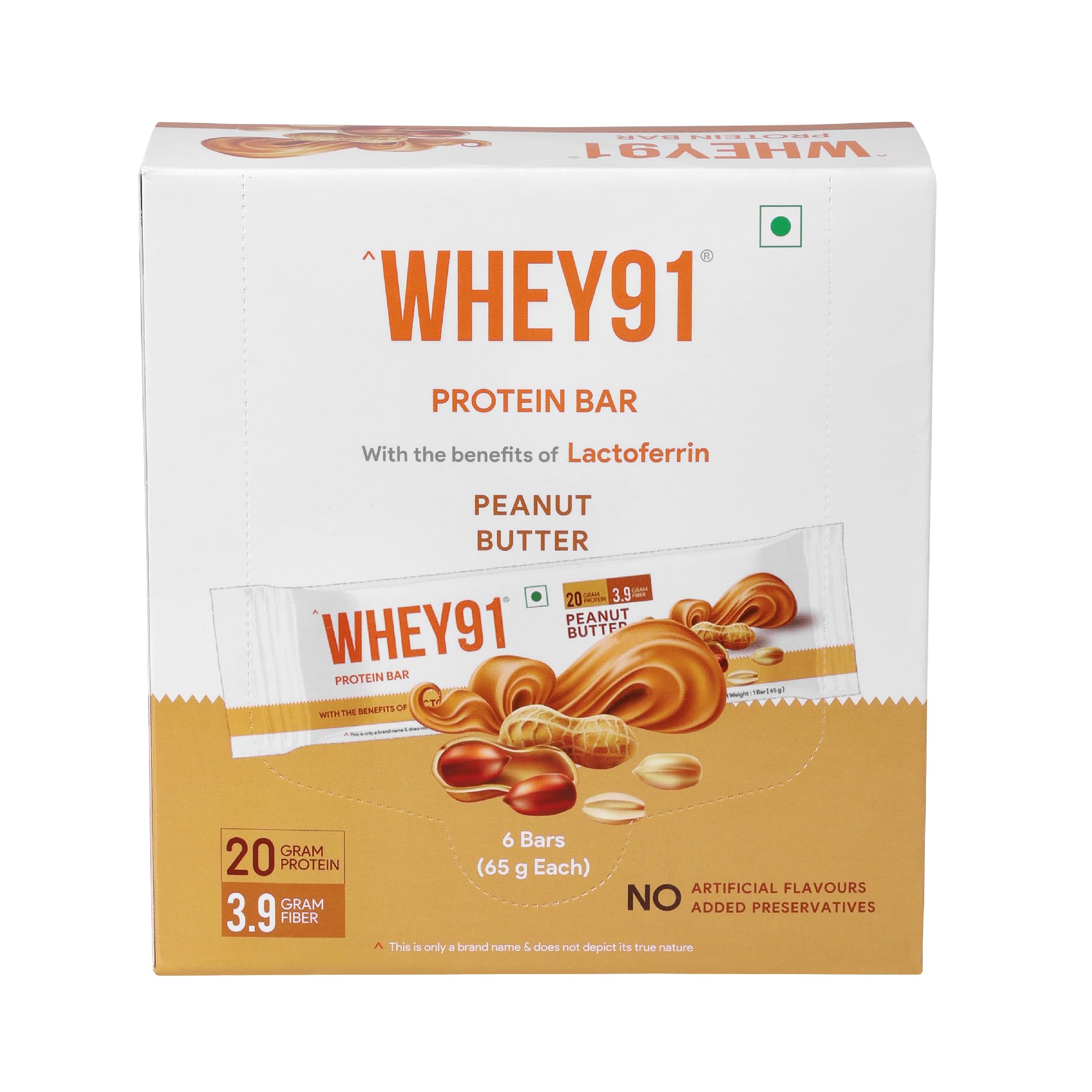 Whey91 Peanut Butter Protein Bar | 20g Protein & 3.9g Fiber in each | No Added Sugar |No Artificial Flavour | Natural Immunity Booster Lactoferrin | Protein Bars for Weight Loss | 390g- (Pack of 6)