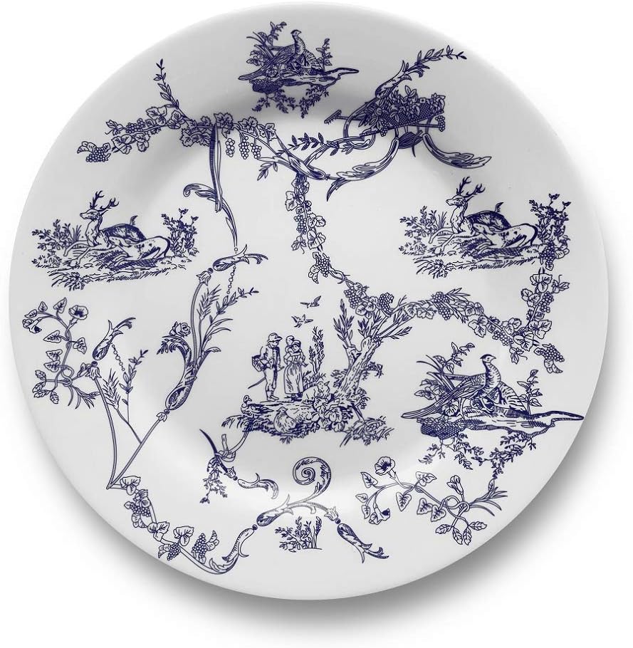 BowlaMelamine Salad Plates Set - Set of 6, indoor or ourdoor plates (9"-6 Piece Set, Toile de Jouy)