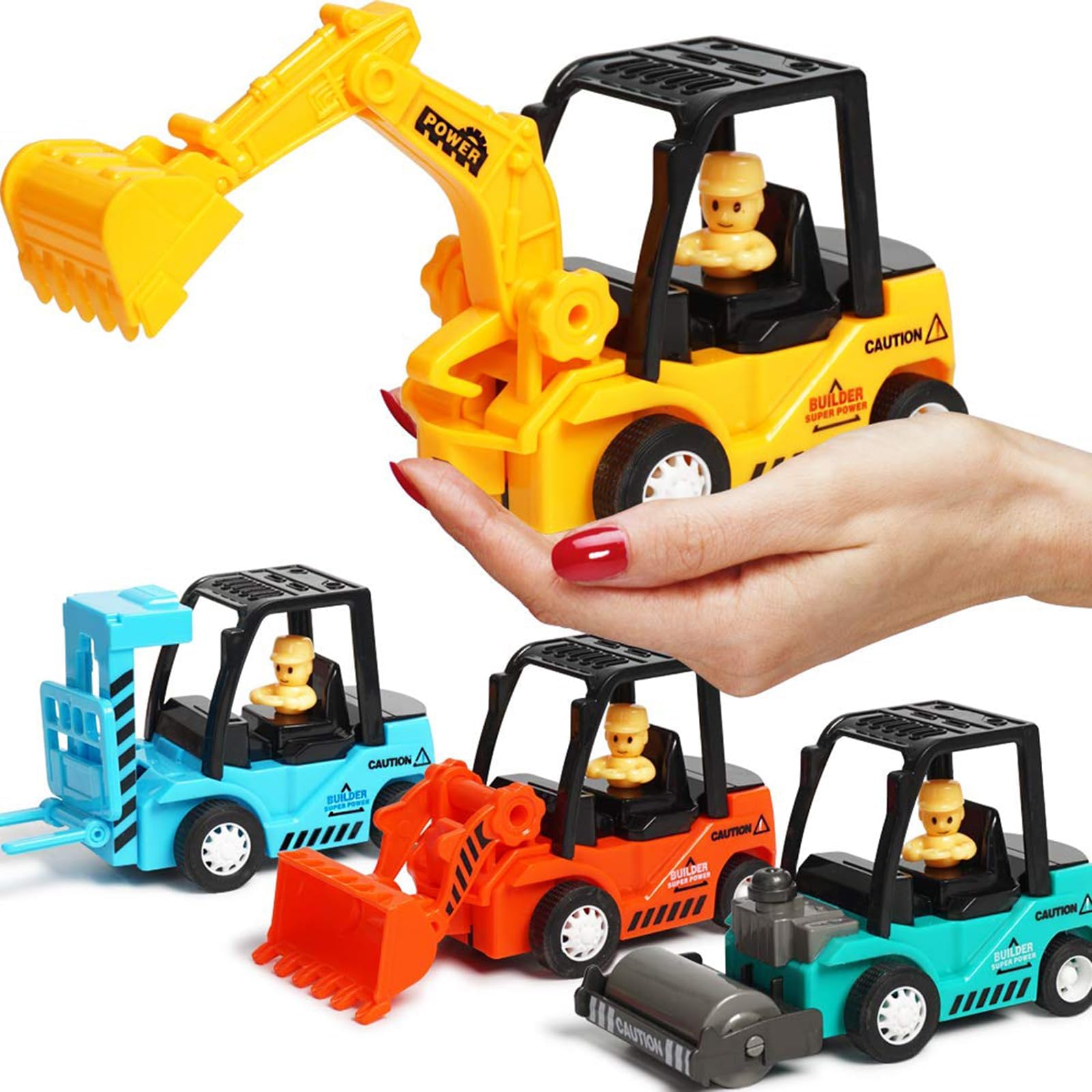 Paporich Construction Toys with Excavator,Bulldozer,Road Roller,Lift Truck Toys,Friction Powered Push and Go Toy Cars for Toddlers,Kids,3,4,5,6 Year Old Boy,Girl,Sandbox Trucks Vehicles(Pack of 4)