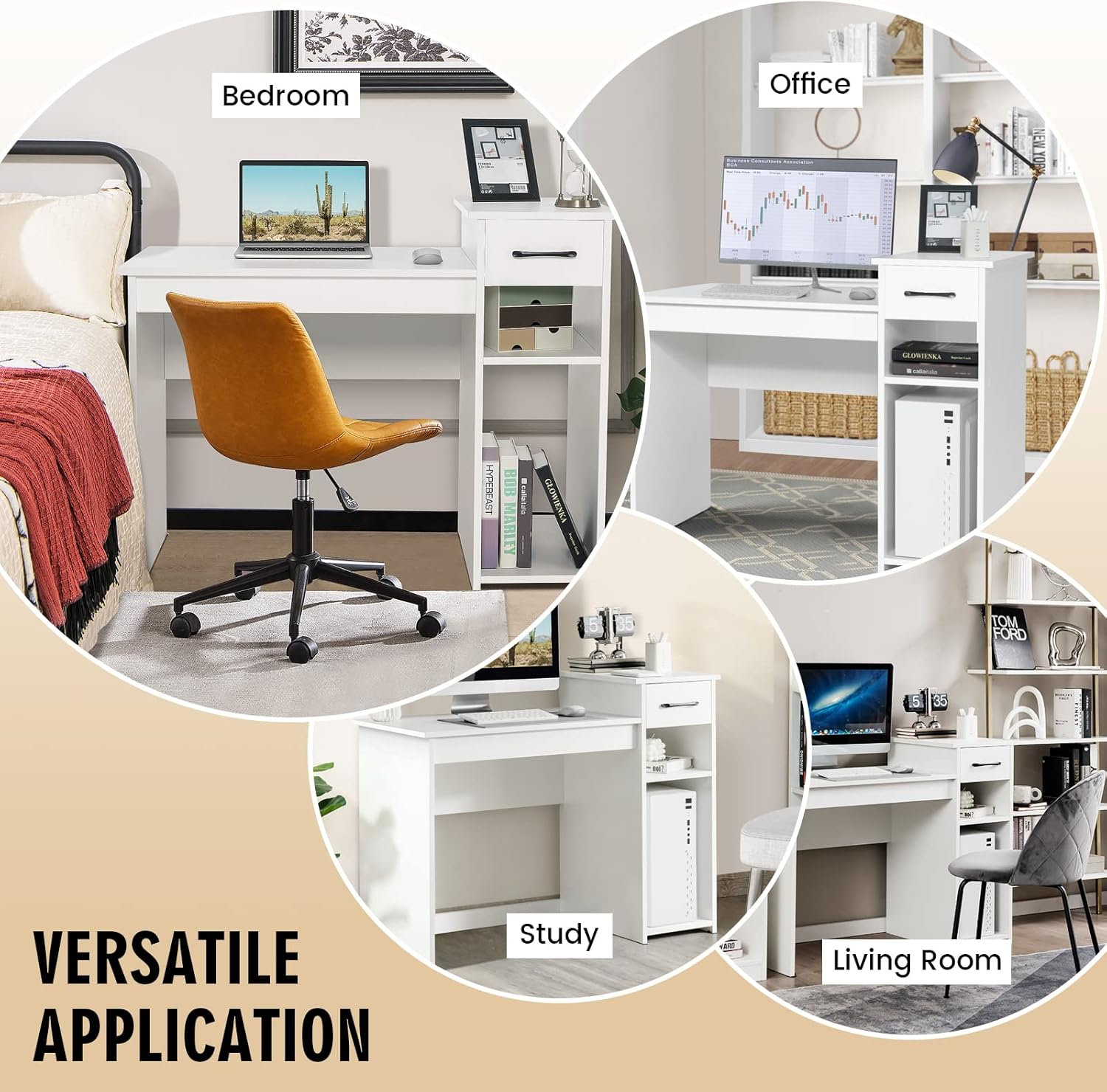 COSTWAY Computer Desk, 40 inch Laptop PC Gaming Table with Drawer, Monitor Stand & Storage Shelf, Modern Simple Study Writing Table for Home & Office, Easy Assembly, White