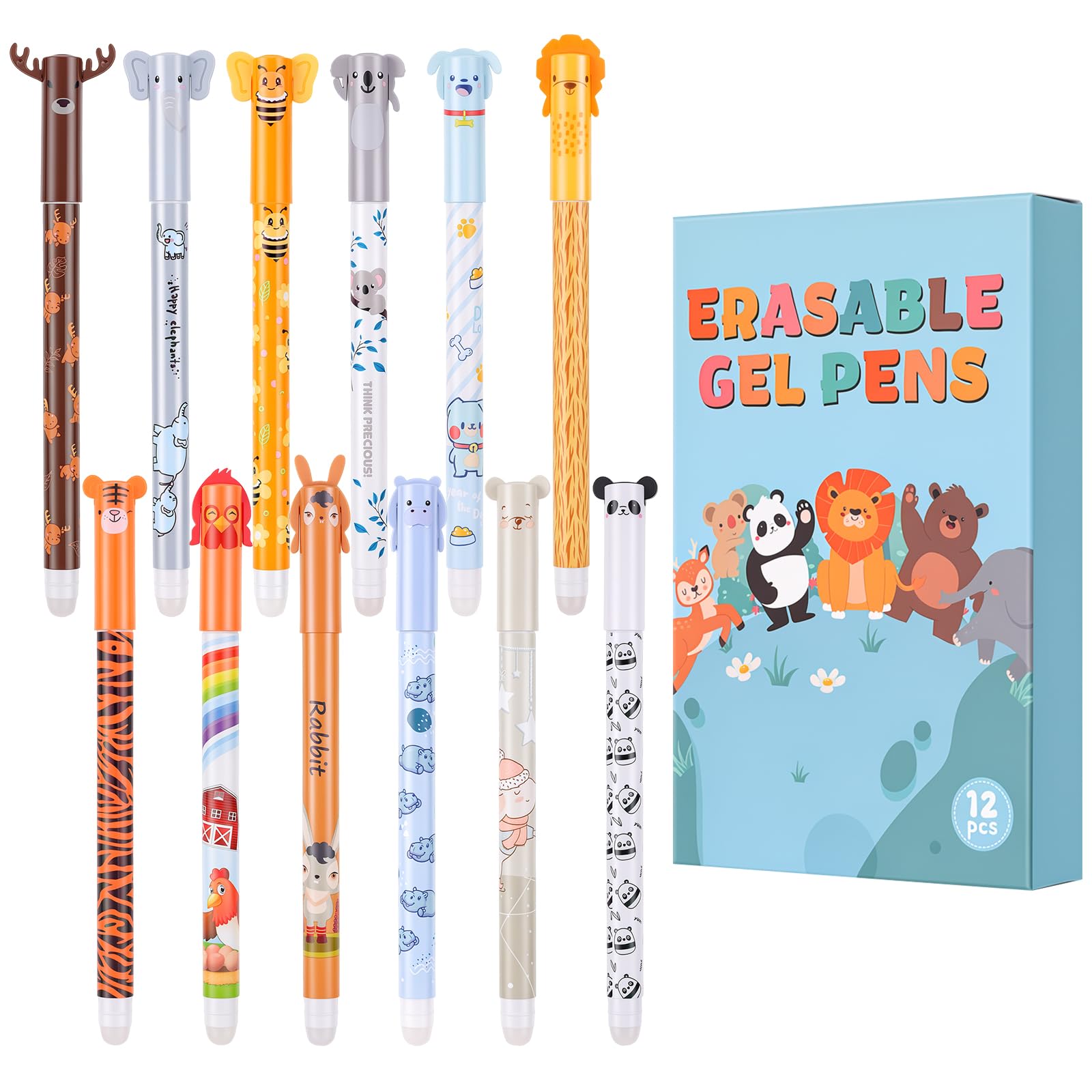 Thboxes 12 Stück Radierbarer Kugelschreiber, 0,7mm, Gelstifte mit Tiermotiven, Tintenroller,Geeignet zum Schreiben, Zeichnen und Notizenmachen in Schule und Büro(Bauernhoftiere und Dschungeltiere)