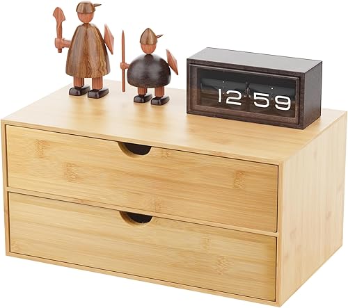 Neando Organizador de escritorio de bambú con 2 cajones, organizador de cajones de encimera de madera, caja de organización de almacenamiento de