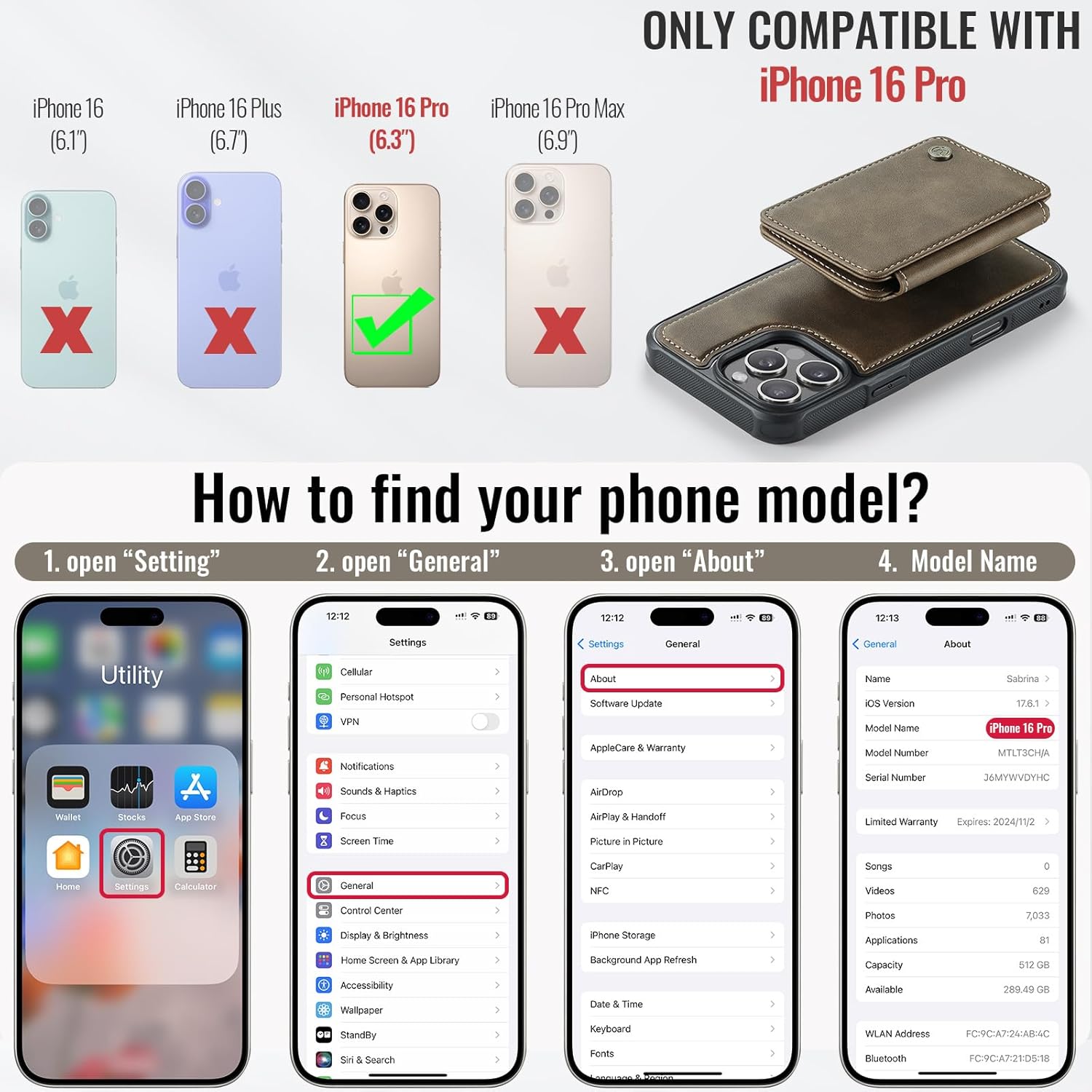 Compatible with Magsafe for iPhone 16 Pro Wallet Case Magnetic Card Holder, RFID Blocking 2 in 1 Detachable Kickstand Shockproof Case for Women Men, Brown - Image 6