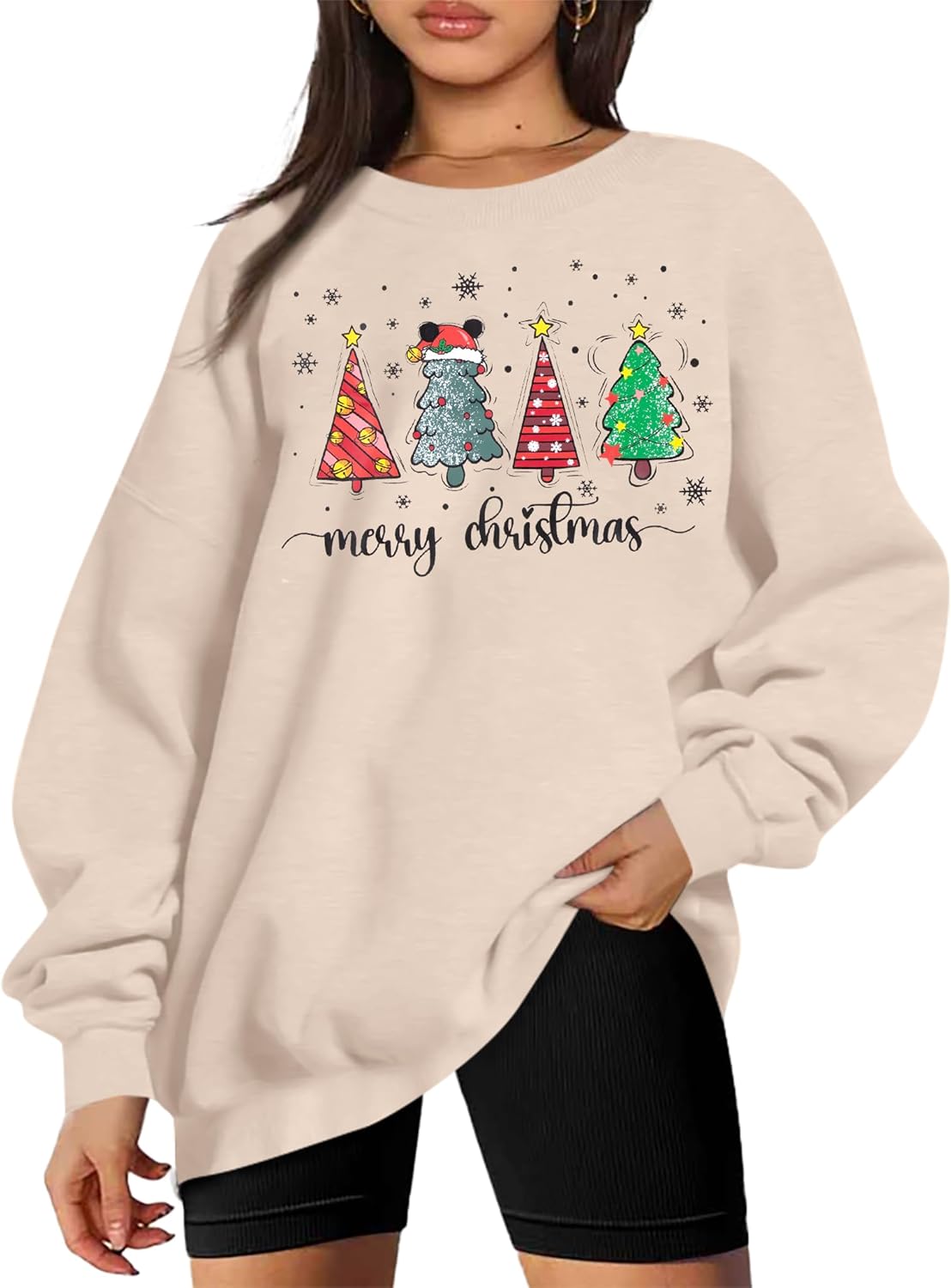 QLIPIN Merry Christmas Sweatshirt Christmas Tree Sweatshirts Women Oversized Xmas Crewneck Holiday Sweater Shirts