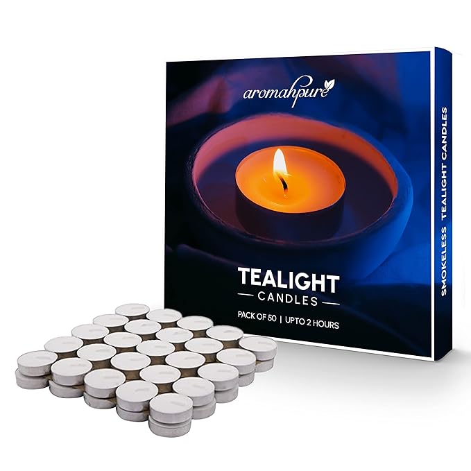 Aromahpure Unscented Decorative Tealight Candles | Wax Tealight Candle | 8 gm, 50 Pcs| Unscented Smokeless Candles | 2 Hours Burning Time Guaranteed | for Home Decoration & Celebration