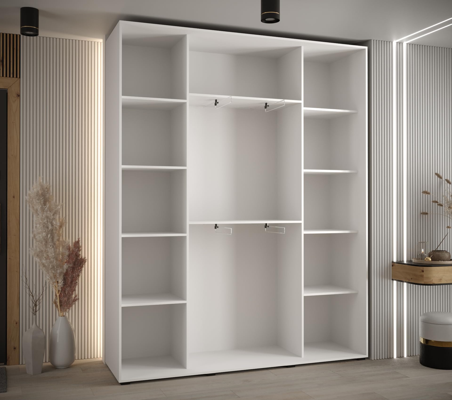 ABIKSMEBLE Davos 5 190 Armario Correderas Tres para Dormitorio - Armario Moderno con Espejo, Barra y Estantes - 235,2x190x45 cmBlanco Blanco Plateado