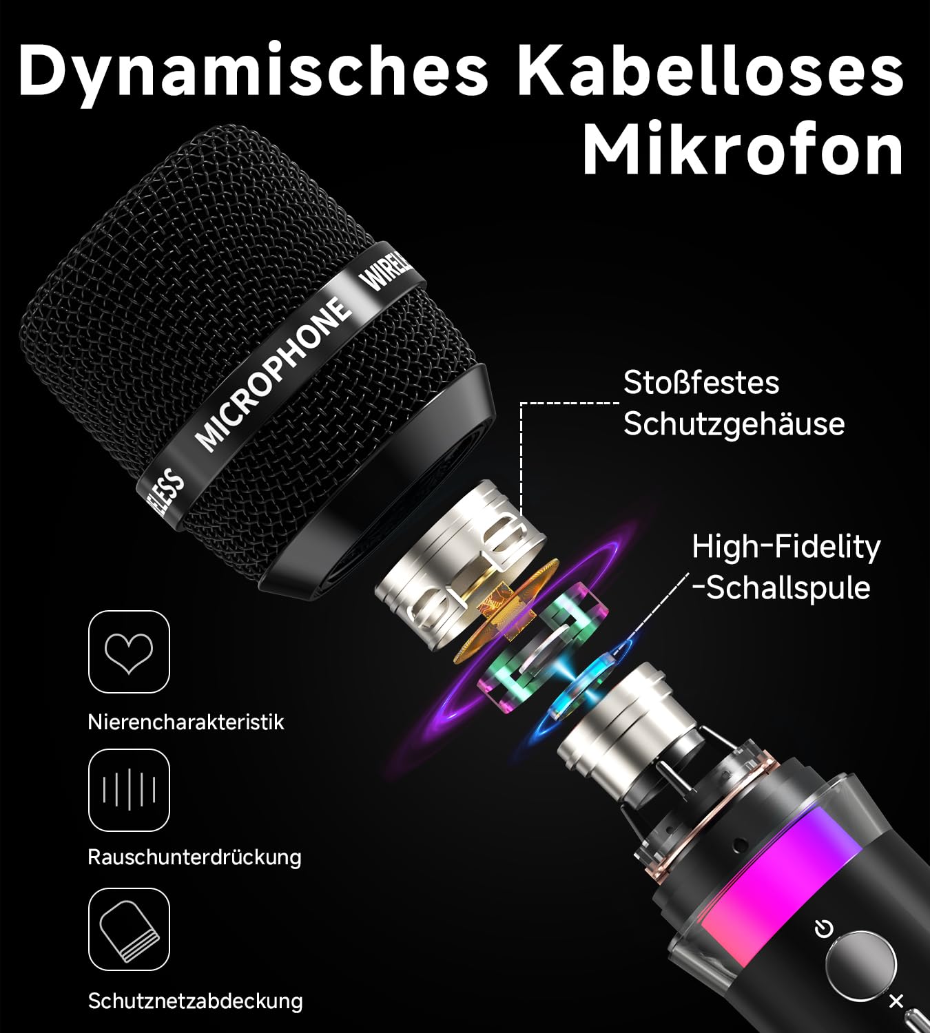 ECHOMUSSY Mikrofon Kabellos, Wiederaufladbare Kabellose Doppel mikrofone Mit 1:1-Chip-Verbindung Und LED-Leuchten, 40 Stunden Laufzeit, 200 Fuß Empfangsreichweite, Karaoke Mikrofon Zum Singen