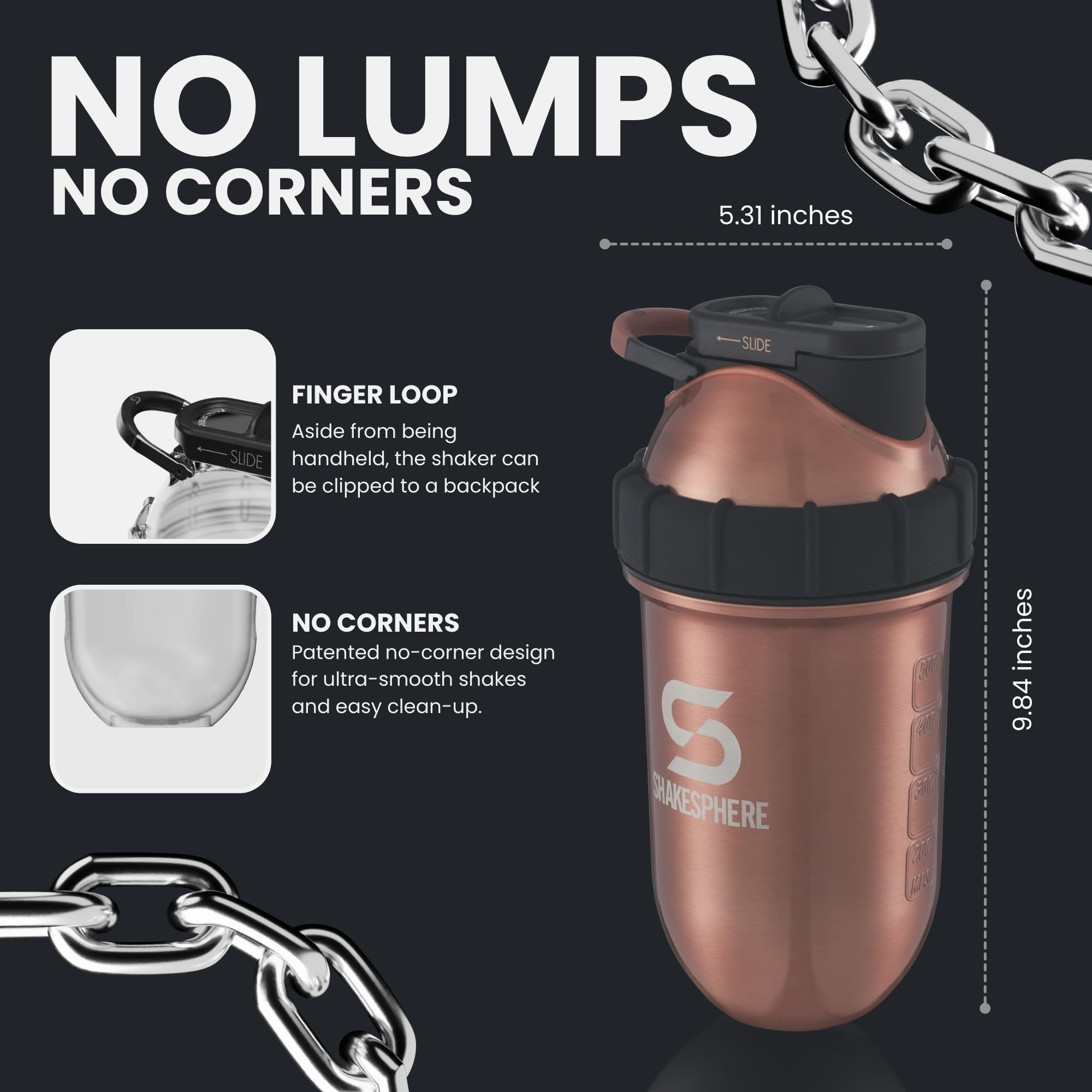 SHAKESPHERE Shaker aus Edelstahl: Protein-Shaker-Flasche hält heiße Getränke heiß und kalte Getränke kalt, 700 ml, kein Mischball oder Quirl erforderlich, ideal für Shakes, Smoothies (kupfer-matt)
