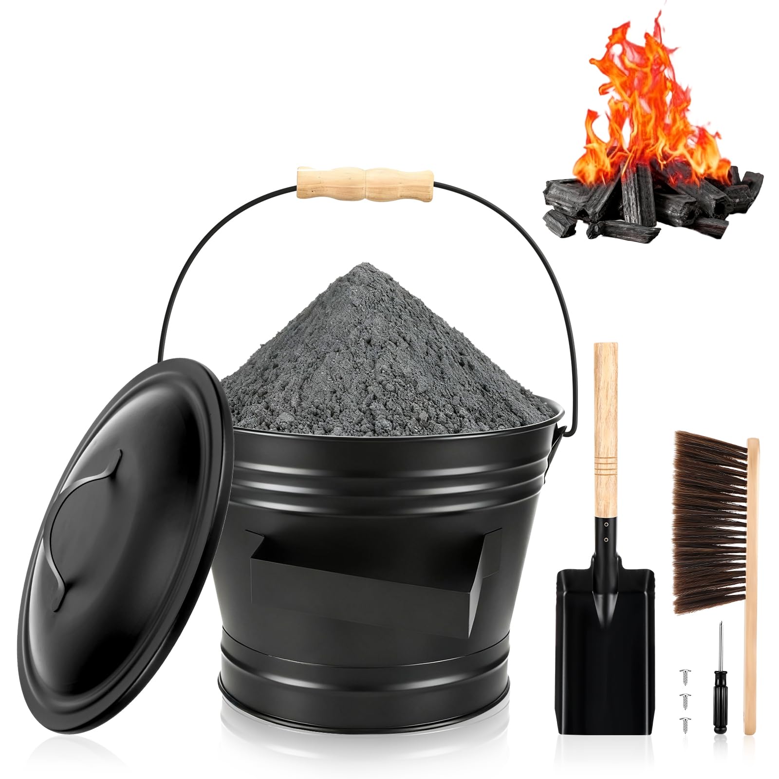 Secchio per Cenere Camino, 5L Secchio Raccogli Cenere con Coperchio, Secchio per Cenere in Metallo con Pala e Scopa, per Focolare, Braciere, Caminetto