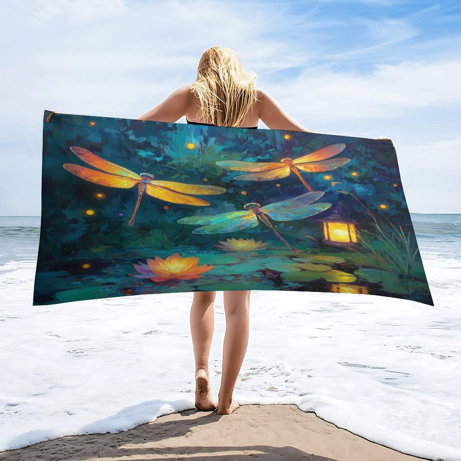 Luyysky Fantasy Abstract Animal Dragonfly Absorbent Beach Towel, Colorful Japanese Starry Sky Galaxy Plant Lotus Floral Outdoor Single-Sided Velvet Beach Towel-80 W Cm X 160" L Cm