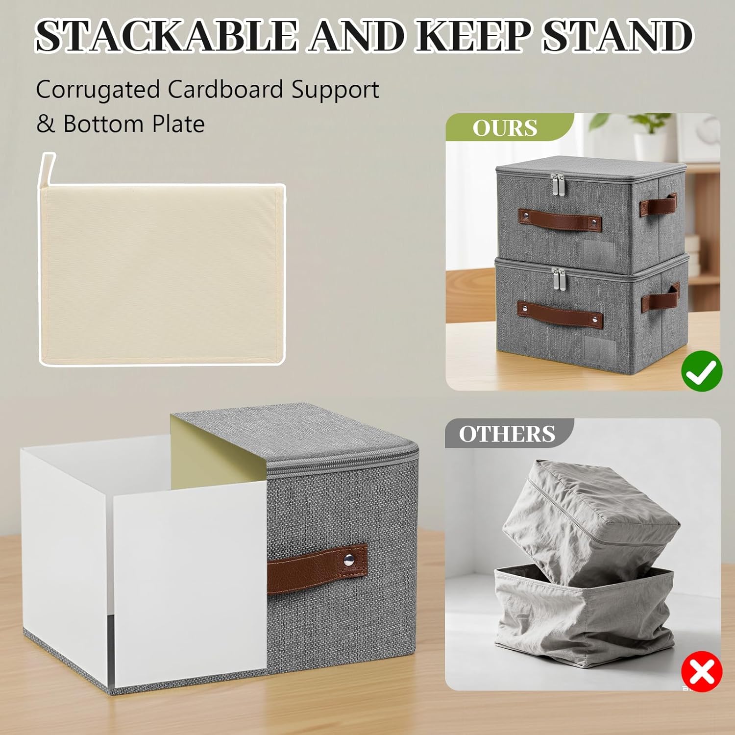 Lucky Monet 3PCS Storage Bins with Zipper Lids 17.7"x13.8" x10" Foldable Lidded Fabric Storage Boxes Cotton Linen Closet Shelf Clothes Organizer with Handles & Label Pocket (Grey, Extra Large)