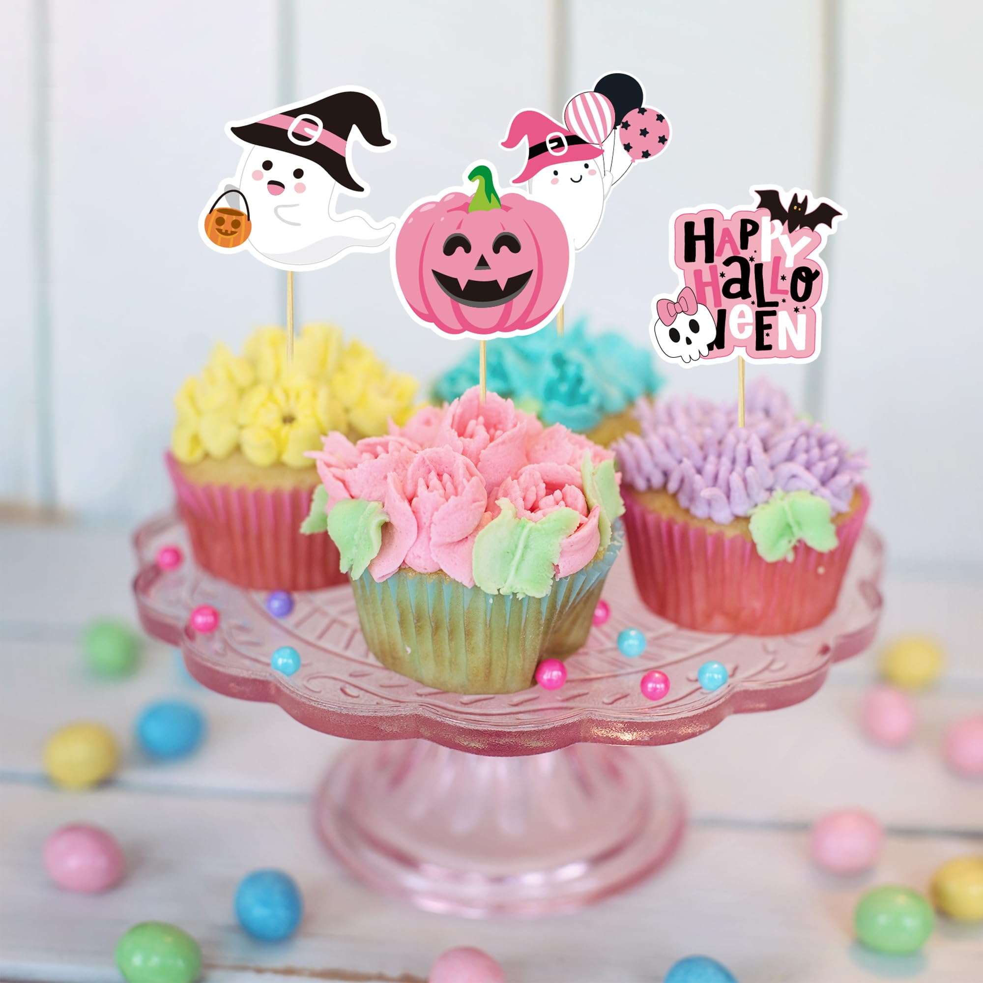 24 Pink Ghost Cupcake Toppers - Halloween Theme Kids Birthday Party Supplies