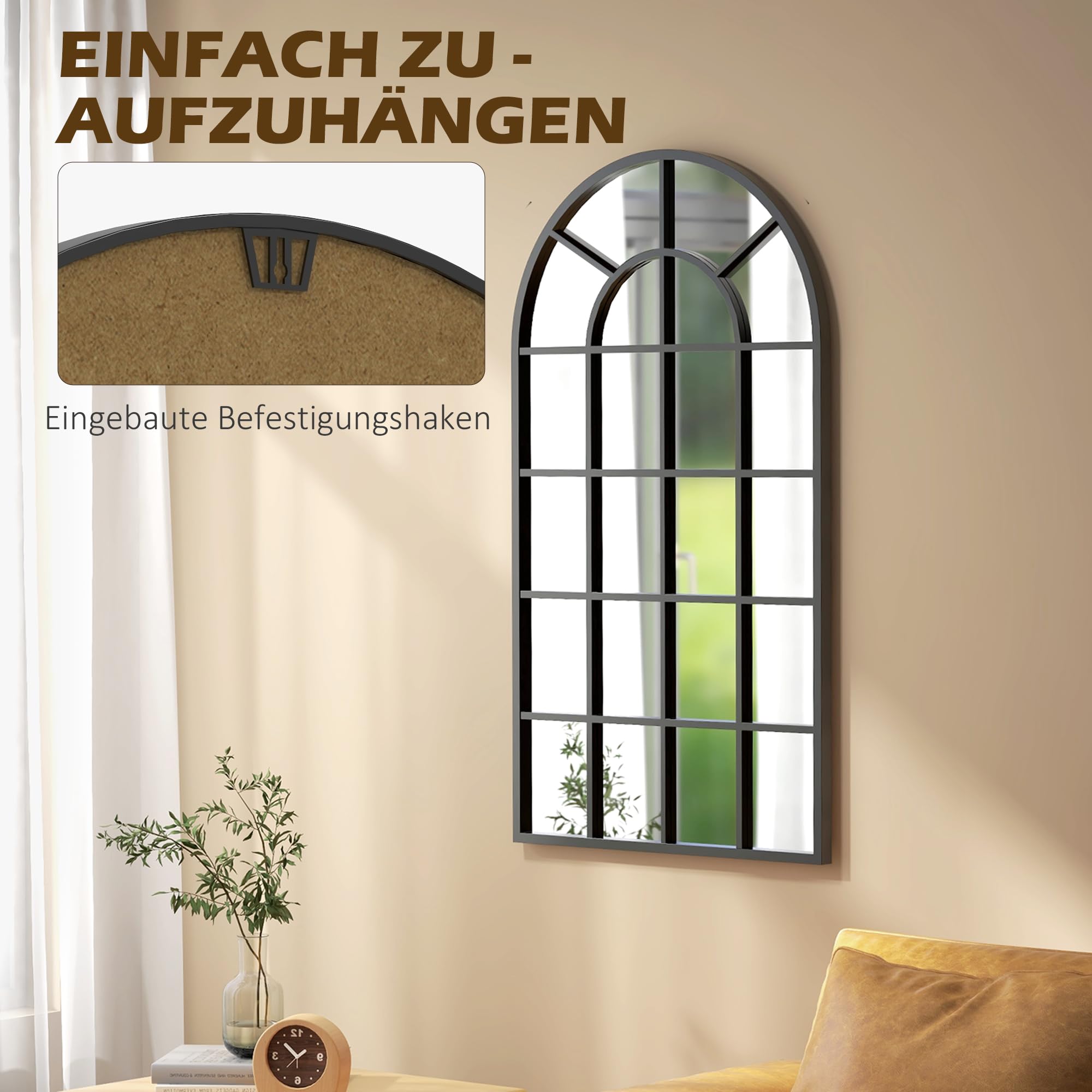 HOMCOM Miroir verrière Arche Style Industriel fenêtre Arcade métal Noir - 110 x 65 cm