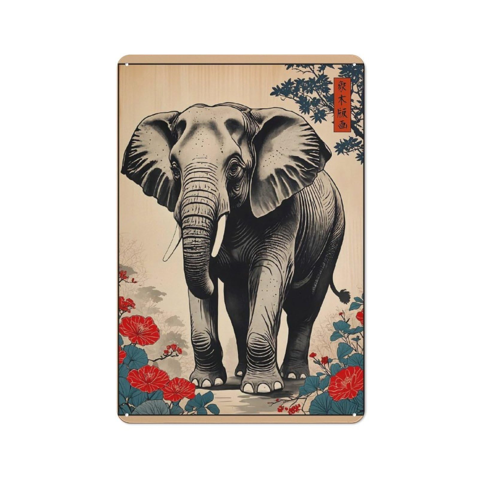 Junmoney Elephant Japanese Art For Garden Room Or Summerhouse, Vintage Tin Sign 30X20cm, For Display In Garden Rooms And Summerhouses