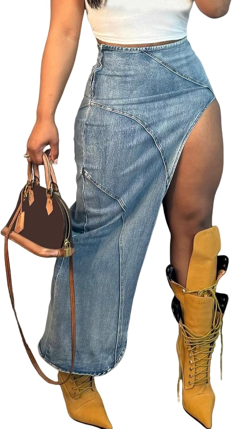 Women's Casual High Waist Denim Skirt Long Split Asymmetric Zipper up Maxi Skirts Stretch Jean Skirt