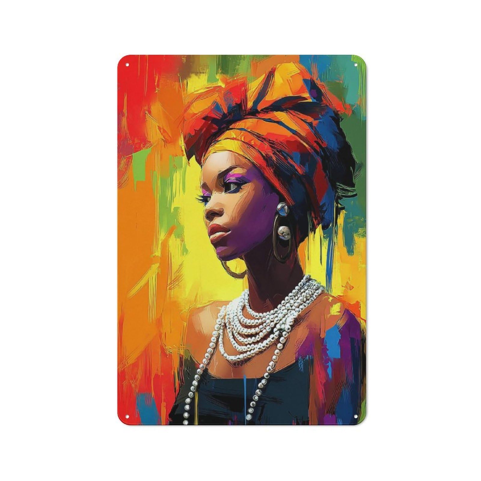 Junmoney Colorful Portrait With Pearls -1 Rustic Metal Wall Sign 30X20cm Featuring For Pub Or Café, For Vintage Wall Decor Fans, For Metal Sign Collectors