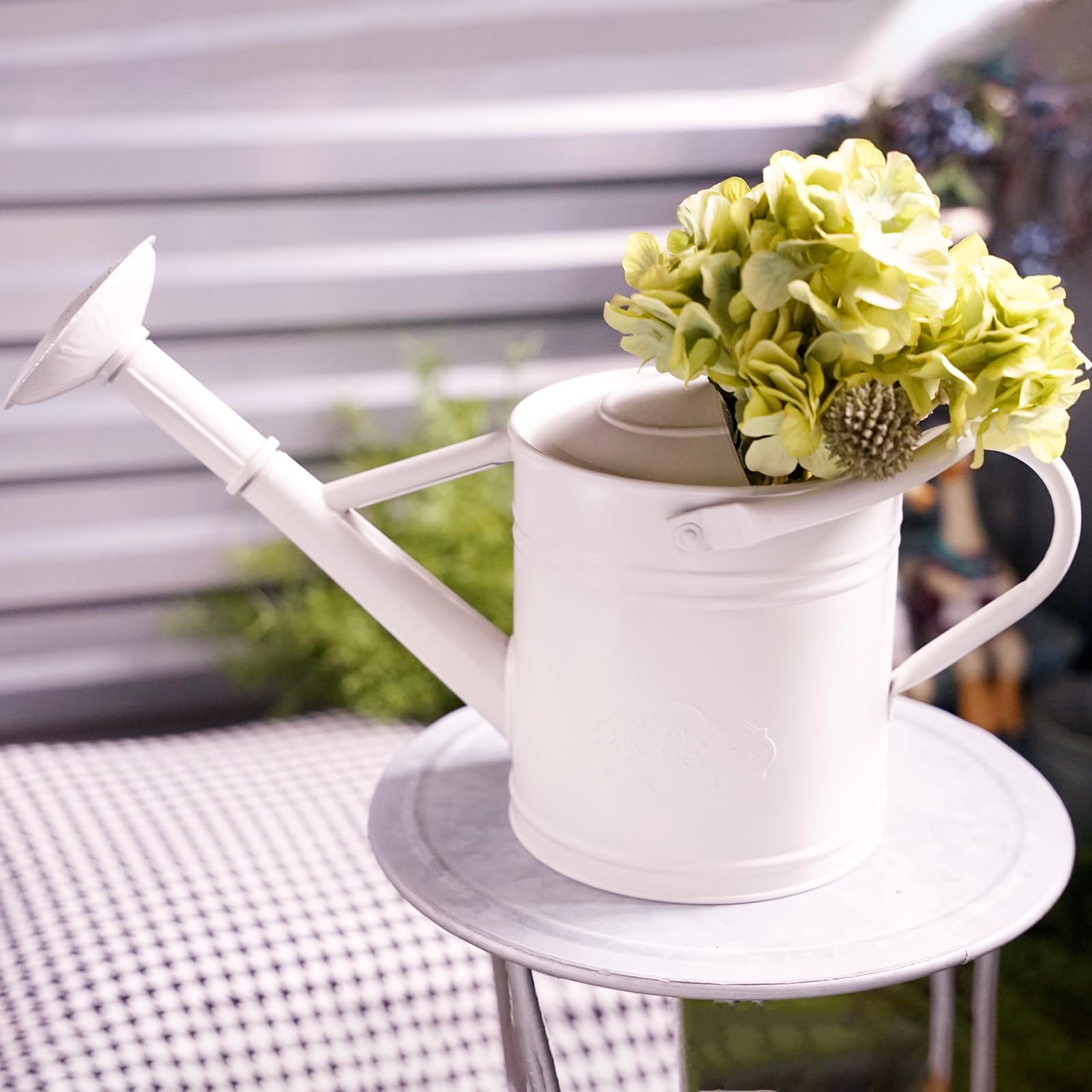 Gießkanne aus Metall für Innen- und Außenbereich, abnehmbare Bewässerungsrose und Ausgießer, Doppelgriff, Gartenwasserkanne für Terrasse, Gewächshaus und Zimmerpflanzen, 3,8 l, Weiß