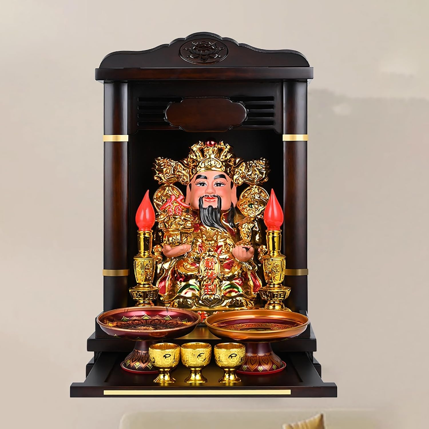 家庭用仏壇台、引き出し付き、壁掛け式木製瞑想祠、祈りと内省のための安らぎの空間を演出します祭壇(Red,13.7in/35cm)