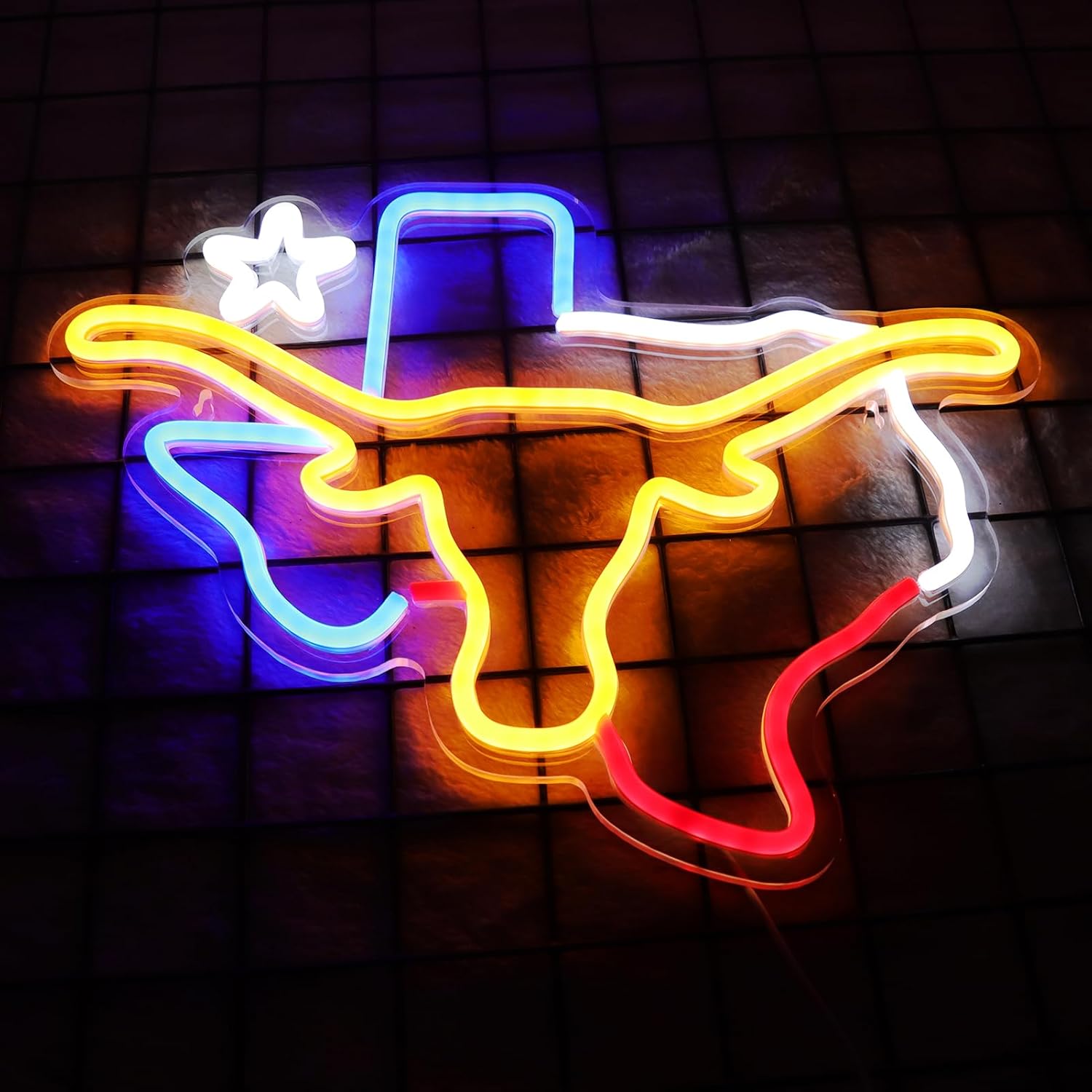 TEXAS Neon Long-horn Sign for Wall Decor -Adjustable Brightness LED Bull Neon Light Signs, Cow Neon Signs - USB Powered Hanging Neon Sign for Game Room, Man Cave, Bar 15.12 IN