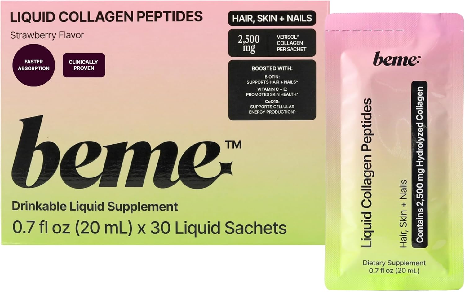 BeMe Liquid Collagen for Women - 2500mg Verisol Collagen Liquid with Biotin, CoQ10 & Vitamin C - Clinically Proven Collagen Peptides for Hair, Skin & Nails 0.7fl oz (20ml) x 30 Sachets (Strawberry)