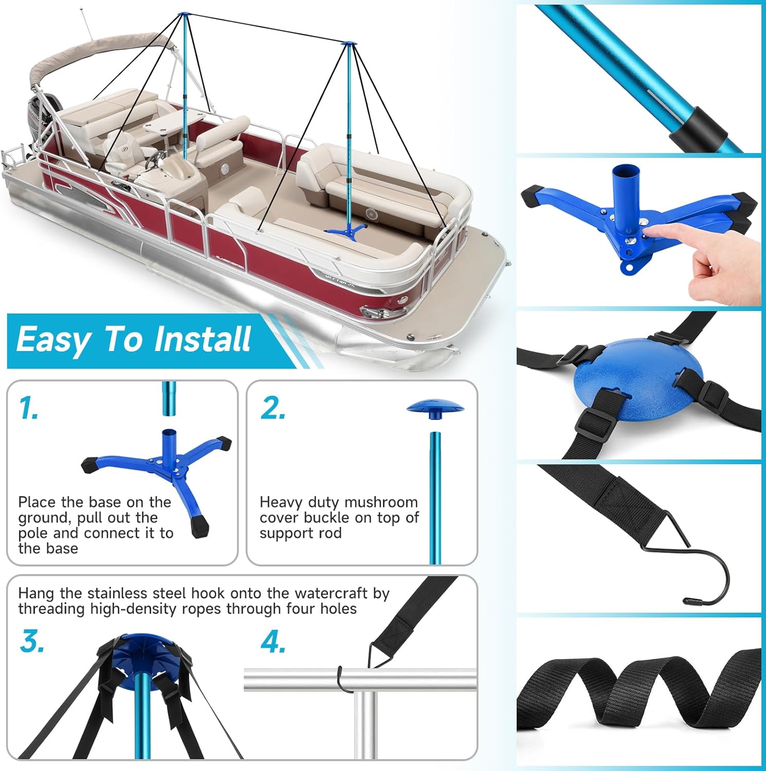 Boat Cover Support Poles Adjustable 2 Pieces with 8 Ropes and Triangular Iron Square Tube Base, Aluminum Tube Glass Bead Connection Diameter 53.5 in, for Pontoon/Jon Boat Cover/Bimini Tops