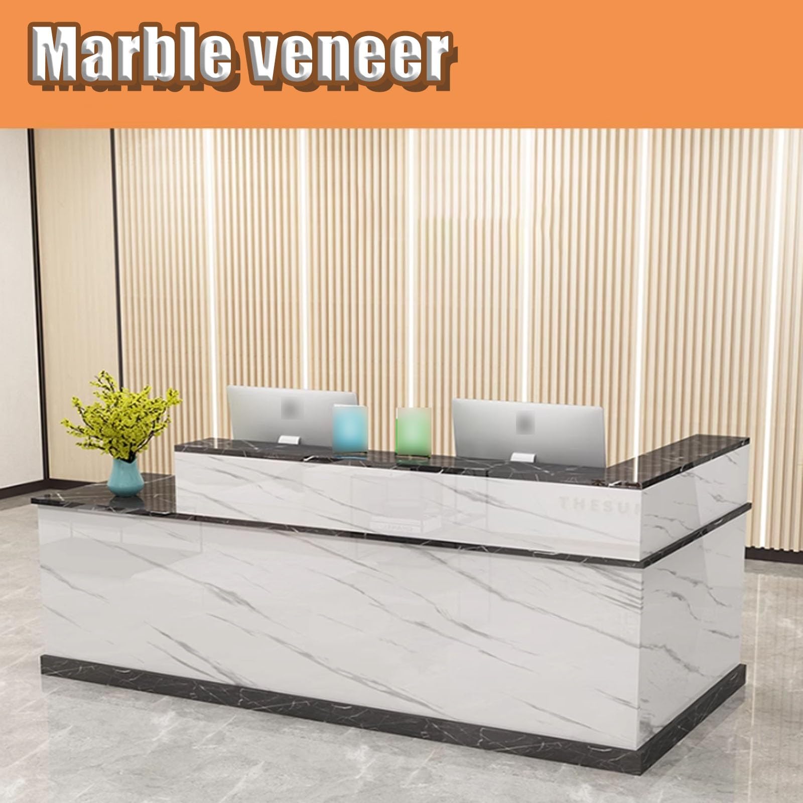 Moderno escritorio de recepción azul con cajones con cerradura, mostrador de oficina abierto de 140 cm para salón y negocios, elegante diseño lateral izquierdo para área de recepción