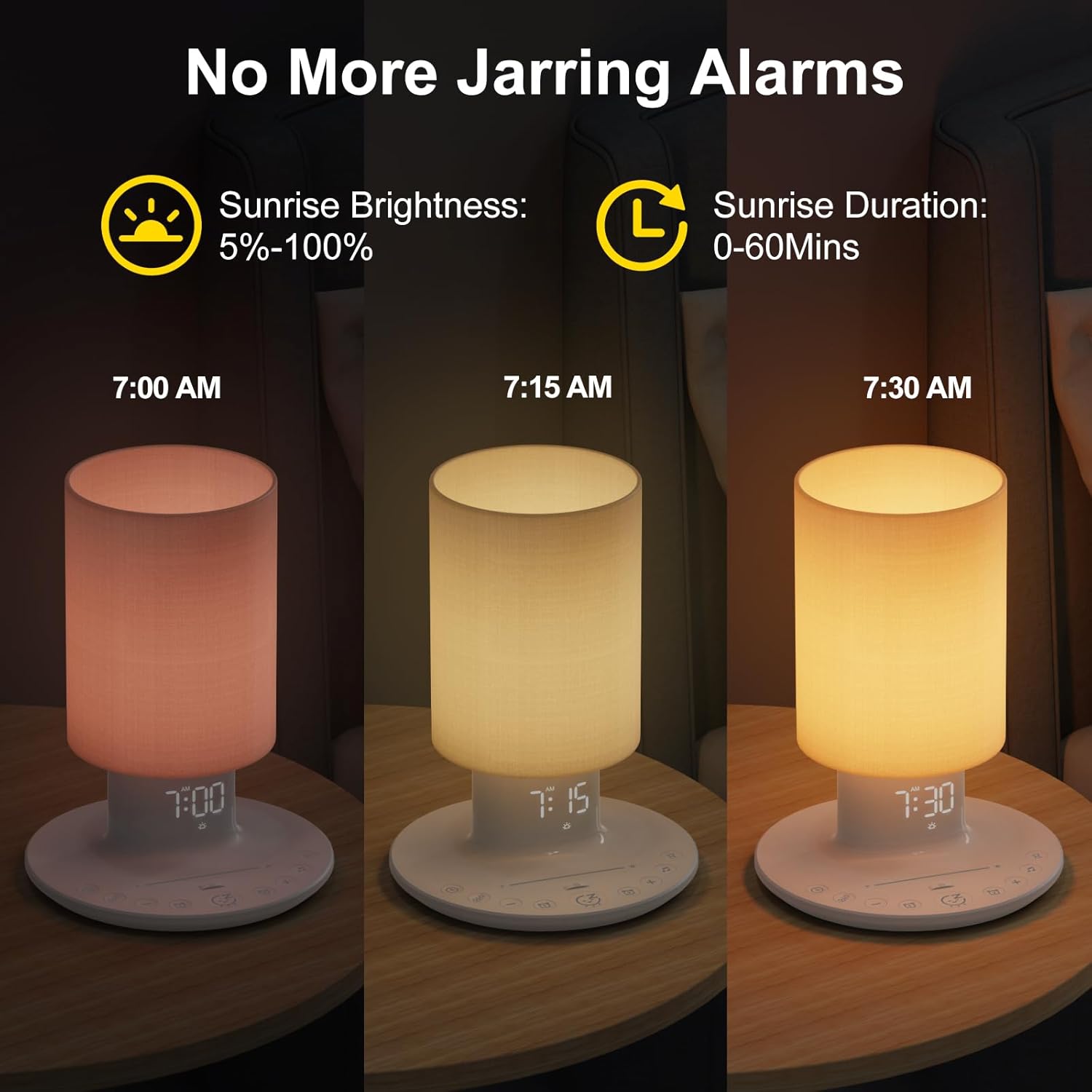 Three images showing the sunrise simulation progression from dim red to bright yellow light over time.