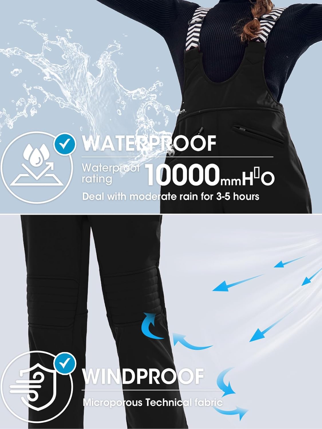 Fisoew Women Snow Bib Overalls Insulated Waterproof Windproof Ski Bibs Pants Breathable Snowsuit Black