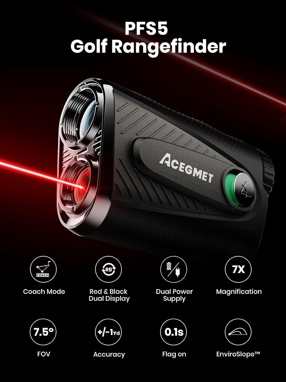 ACEGMET PFS5 Golf Rangefinder with Slope & Coach Mode, 1300 Yards Laser Range Finder, 7X Mag Dual Display, 0.1s Flag Lock with Vibration, Magnetic, ±1 Yard Accuracy, Hybrid Charging for Golfers