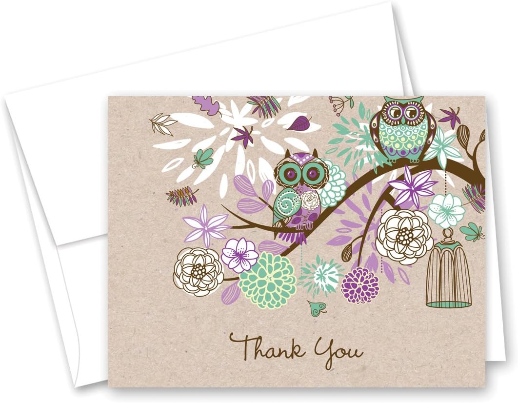 MyExpression.com 50 Cnt Owls Floral Branch Thank You Cards (Purple Rustic)