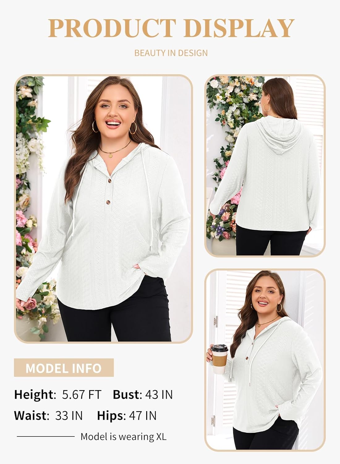 Eytino Womens Plus Size Sweatshirts Long Sleeve V Neck Embroidered Eyelet Drawstring Button Pullover Hooded Tops(1X-5X) - Image 3