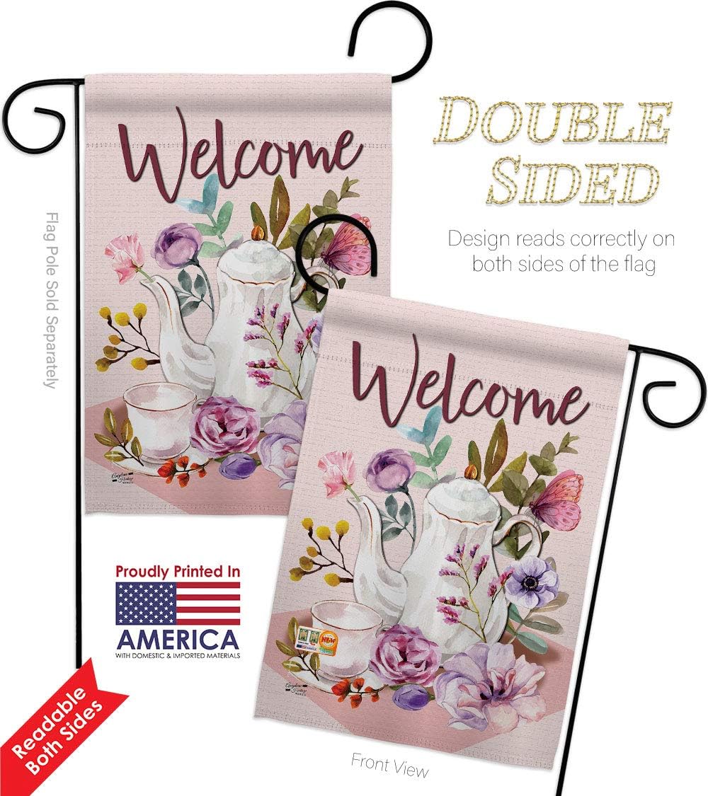 Garden Afternoon Tea Flag Set with Stand Beverages Coffee Latte Capucchino Expresso Drink Cream Cup Teapot Small Decorative Gift Yard House Banner Double-Sided Made In USA 13 X 18.5