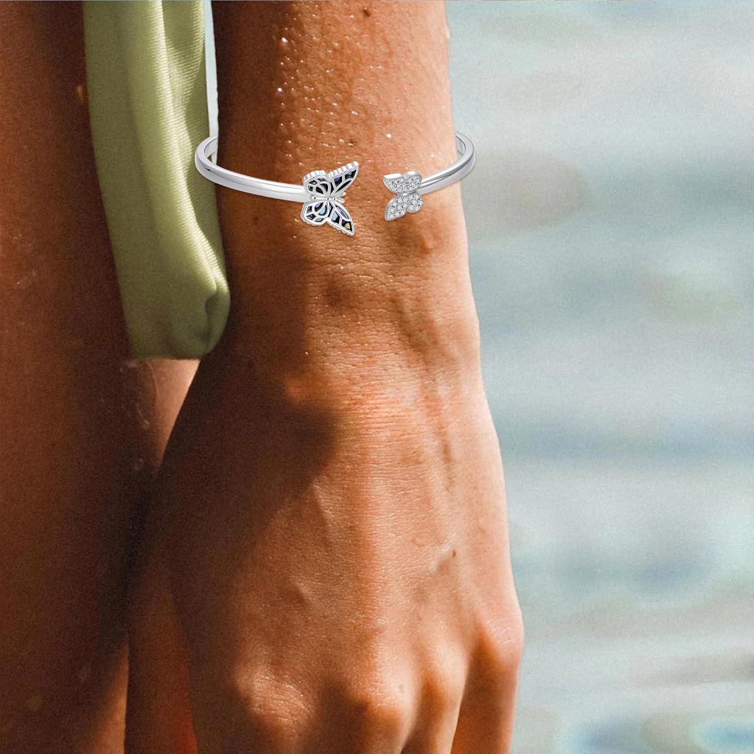 Butterfly Abalone Shell Cuff Bracelet 925 Sterling Silver Adjustable Bohemian Bangle, Mother of Pearl Jewelry Birthday Gift for Her - Image 3