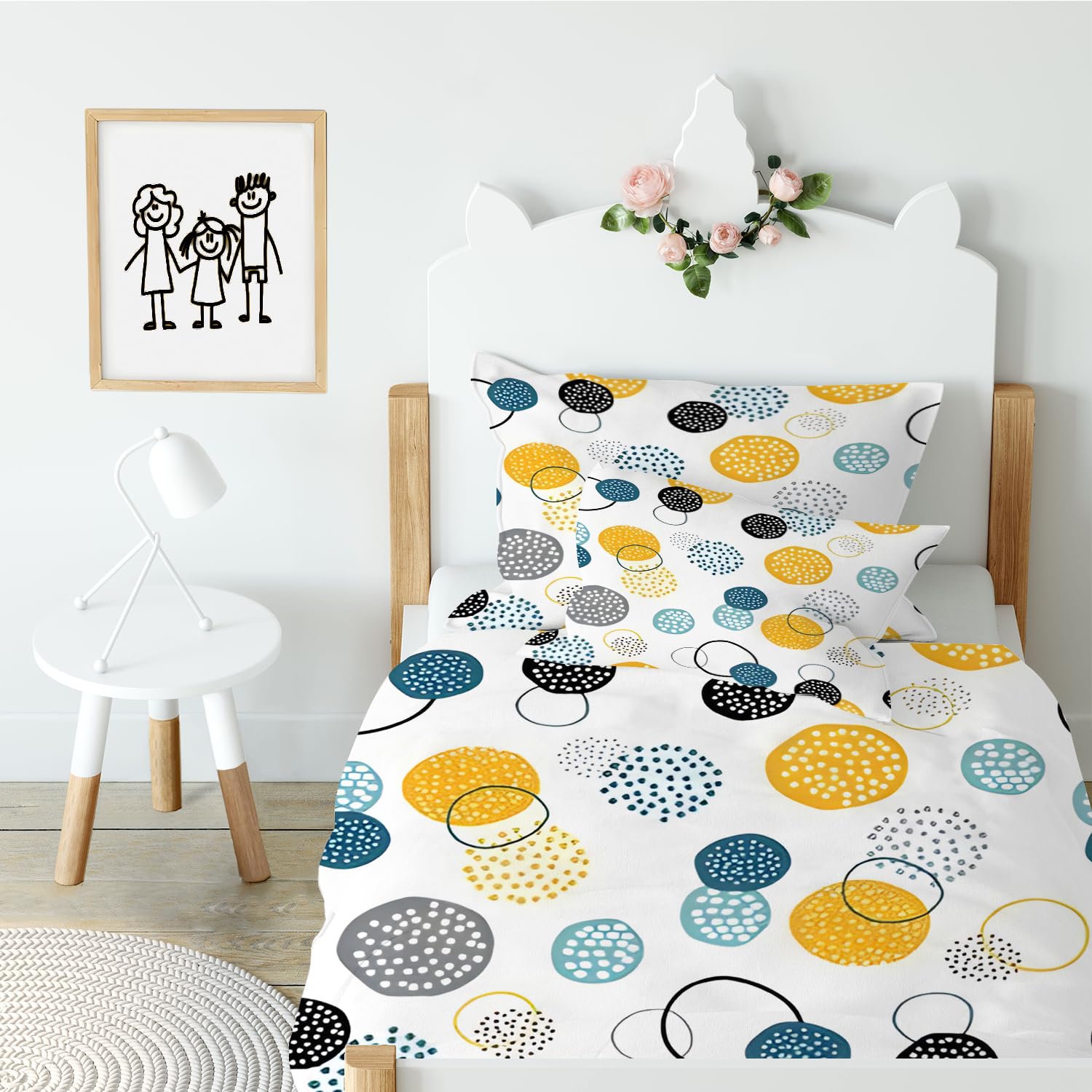 Parure de Lit pour Bébé Points Bleus - Imprimée Abstrait Moderne - Housse de Couette Enfant 100x135 cm en Microfiber + 2 Taie d'oreiller 40x60 cm pour Lit 60x120 ou 70x140 cm - Blanc Orange