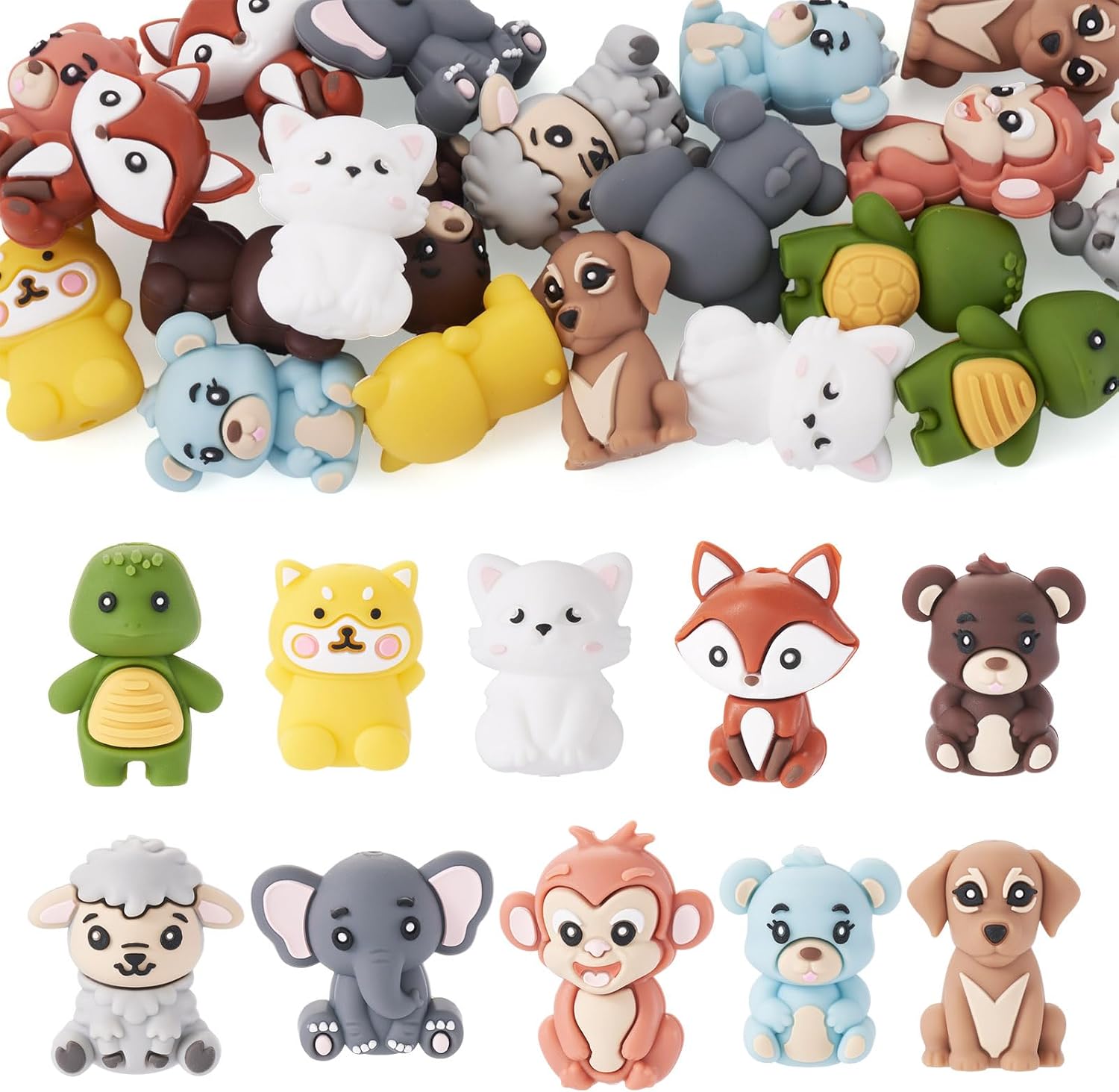 Craftdady 20Pcs 3D Animals Silicone Focal Beads Cute Animals Dog Cat Fox Monkey Tortoise Spacer Beads Colorful Bead Bulk for Beadable Pens Keychain DIY Crafts Hole: 2-3mm, 10 Styles