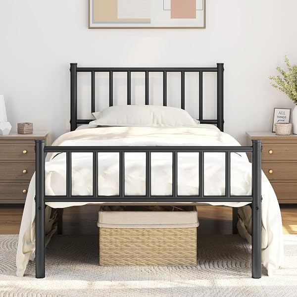 Yaheetech Twin/Twin XL/Full/Queen Size Bed Frame Metal Platform Bed Frame Mattress Foundation with Spindle Headboard & F