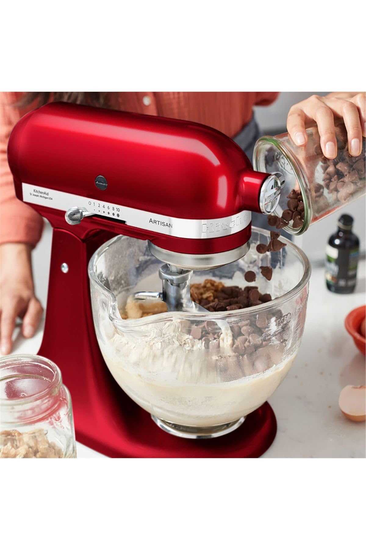 KitchenAid Robot de cocina Artisan – Procesador de alimentos basculante – Máquina amasadora con 2 cuencos y 3 accesorios de acero inoxidable – 4,8 L – Rojo manzana