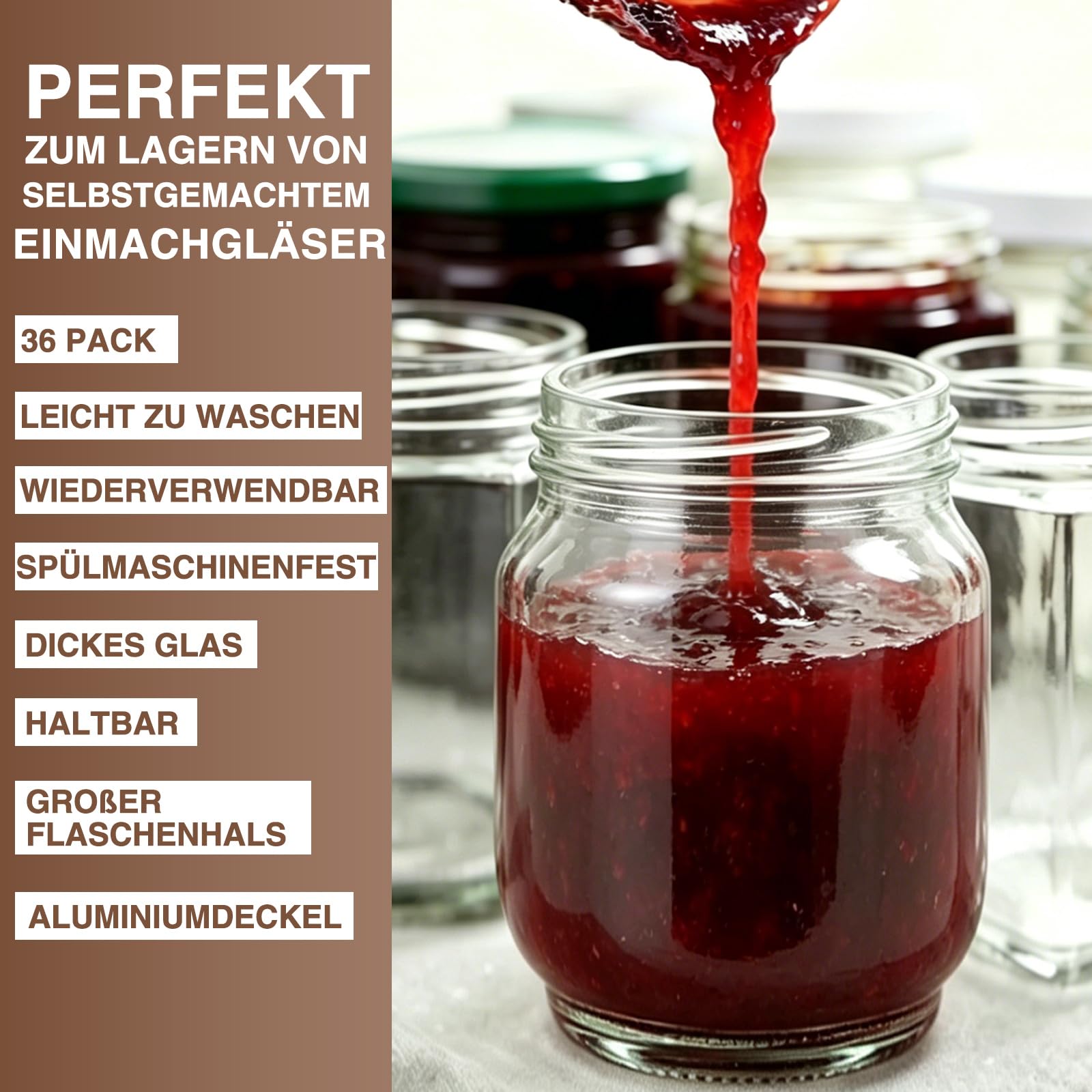 Artist Hand Einmachgläser 36er Set, Marmeladengläser 500 ml | Mit zweiteiligem Schraubdeckel, Etiketten und Reinigungsbürste, Gläser für Honig, Pesto, Overnight Oats und Vorräte