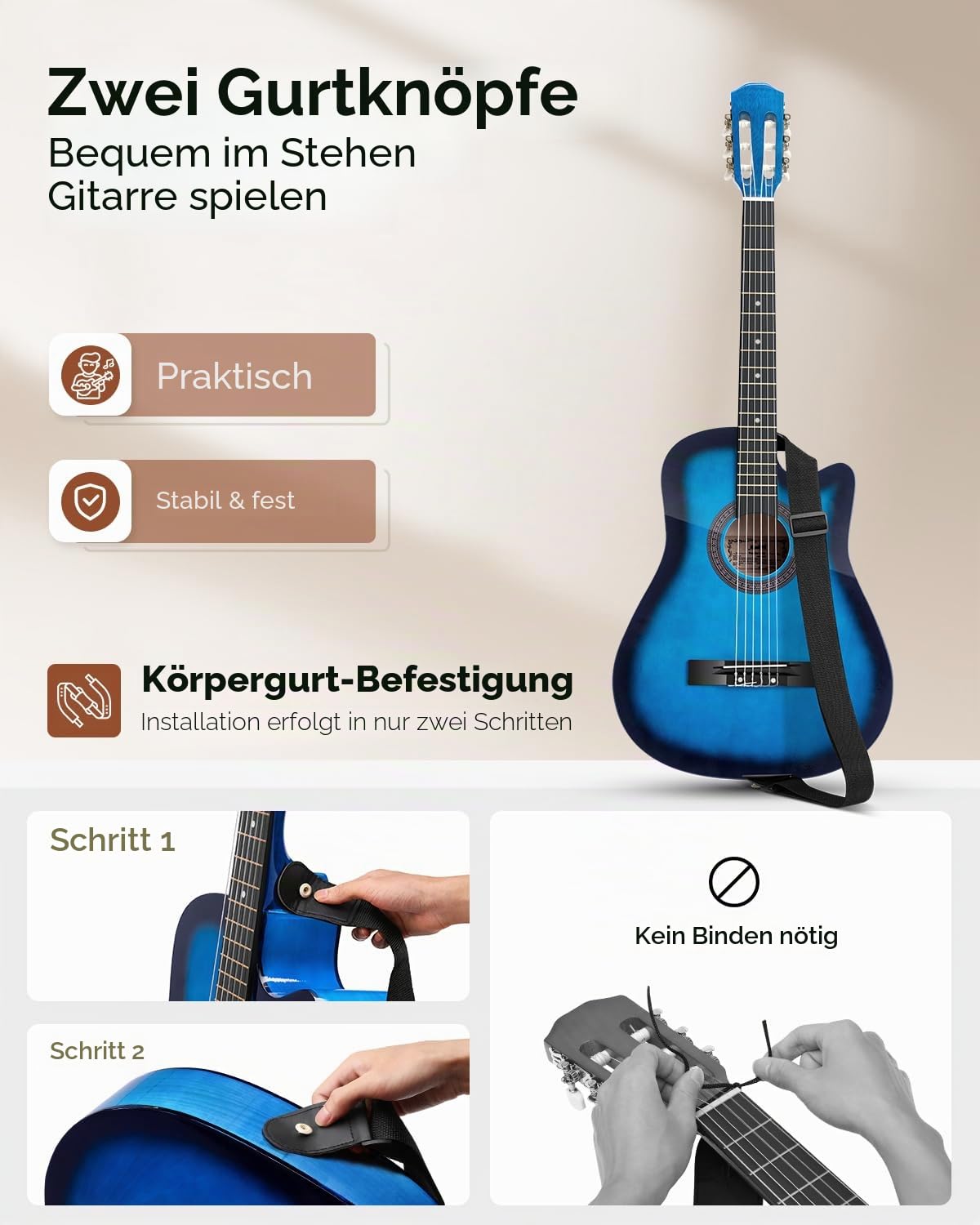 Moukey Akustikgitarre für Anfänger, Kinder, Jugendliche, Erwachsene, Cutaway-Gitarre, Acustica-Kit mit Akkord-Poster, Gigbag, Stimmgerät, Plektren, Nylonsaiten, Kapodaster, Gurt, Blau