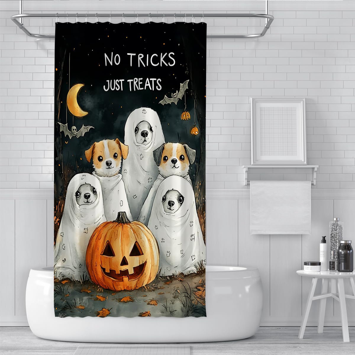 Tende Doccia Fantasma Cane Divertente Halloween Zucca Luna 200x200cm