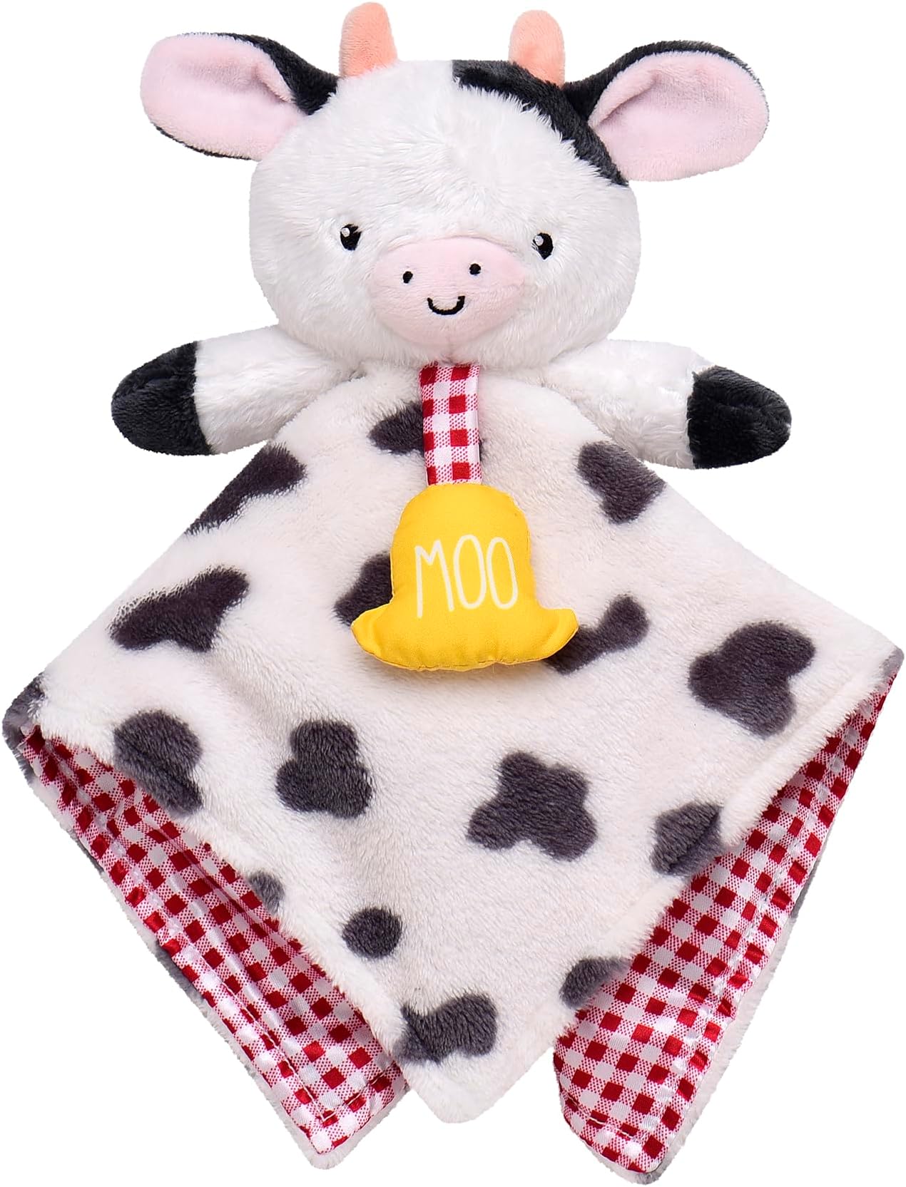 Baby Starters Plush13 in. Snuggle Buddy Blanket with Crinkle, Rattle and Satin, Farm Cow, Black and White with Red Gingham